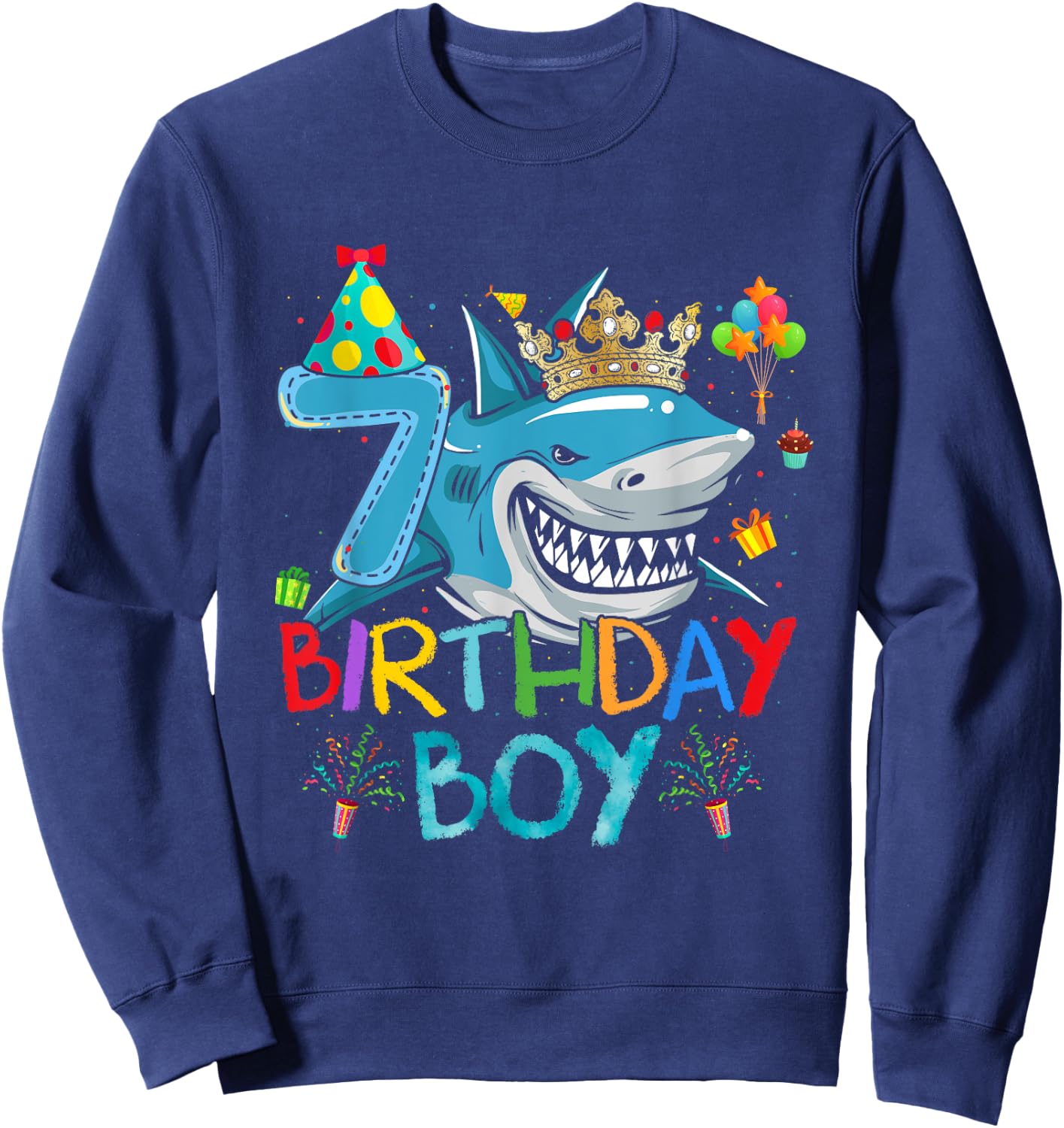 7th Birthday Shark Ocean Theme Party 7 Years Old For Boy Sweatshirt - Sweatshirt | Navy