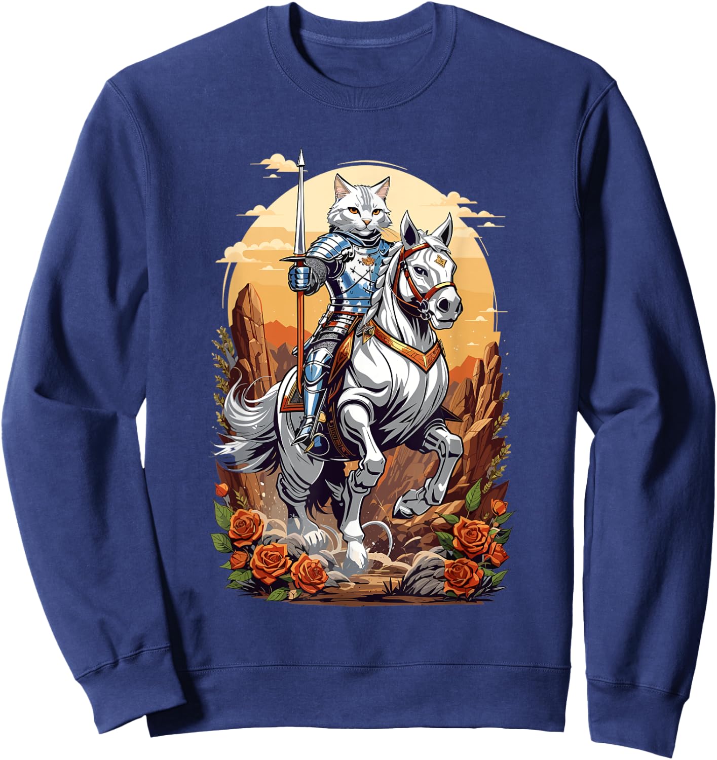 Magical Knight Cat Riding His Horse Into Battle Graphic Women Kids Sweatshirt - Sweatshirt | Navy