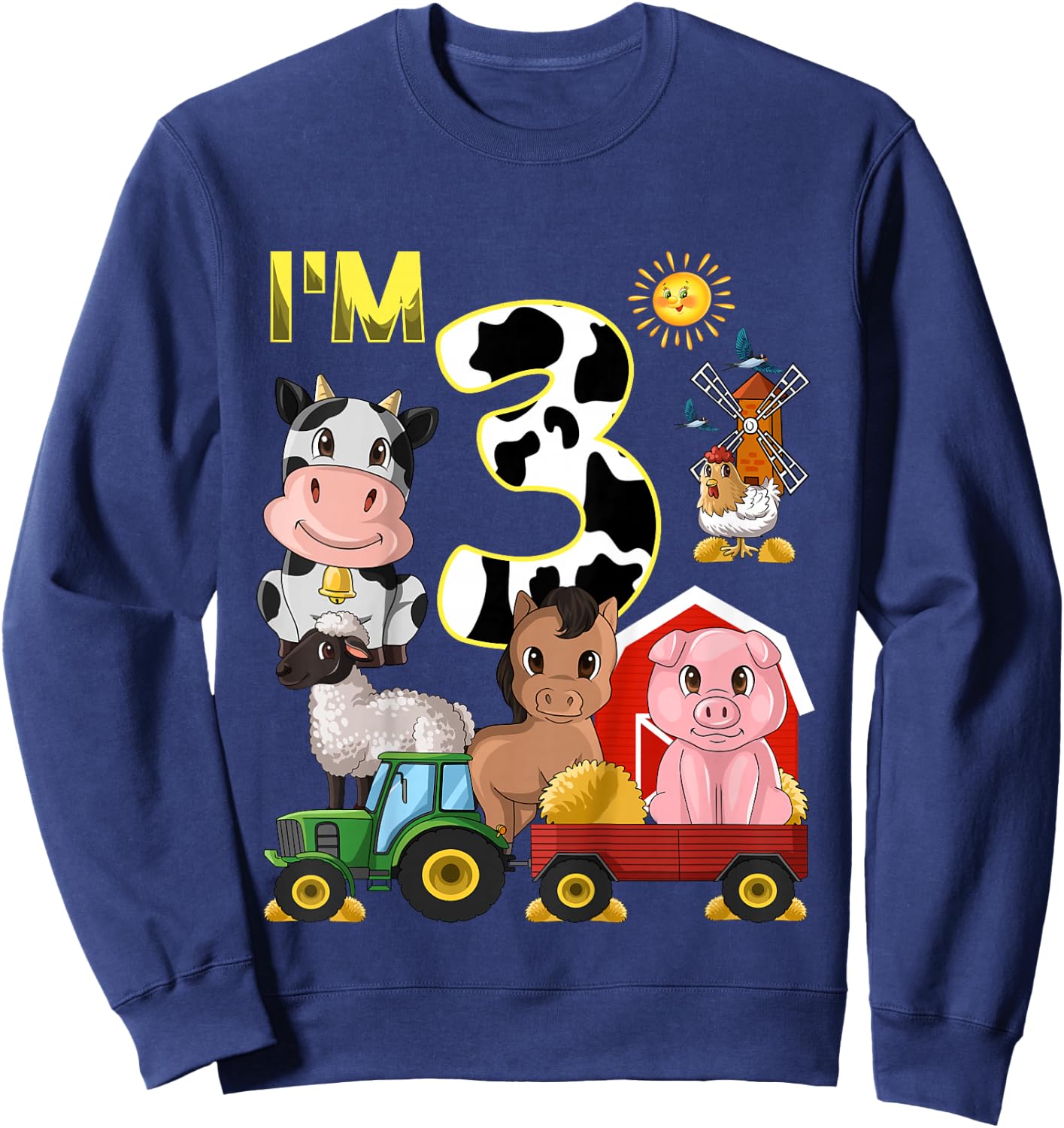 Farm Animals Tractor 3rd Birthday 3 Year Old Birthday Party Sweatshirt - Sweatshirt | Navy