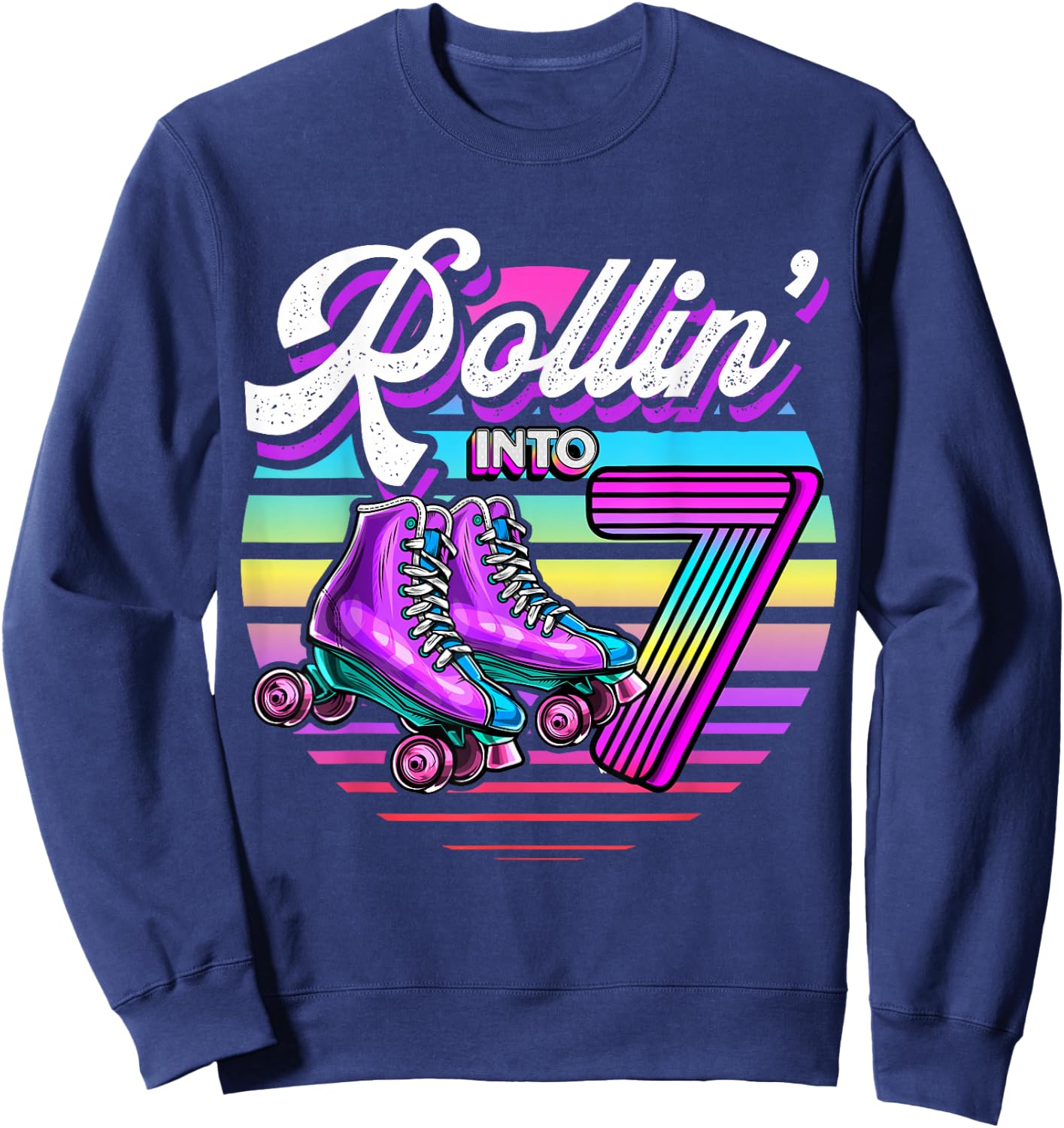 Rollin' into 7 Roller Skating Rink 7th Birthday Party Girls Sweatshirt - Sweatshirt | Navy
