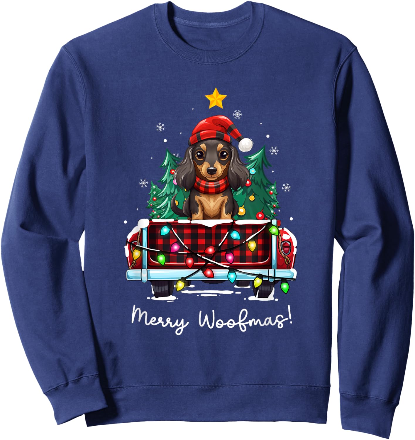 Long Haired Dachshund Christmas Dog Truck Plaid Funny Xmas Men Women Kids Sweatshirt - Sweatshirt | Navy