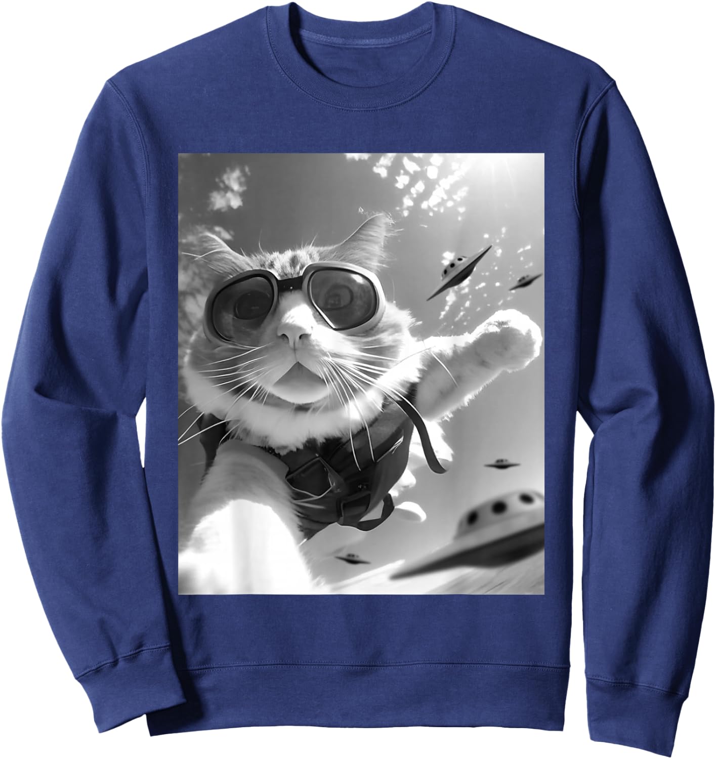 Funny Skydiving Cat Selfie with Alien UFOs Sweatshirt - Sweatshirt | Navy