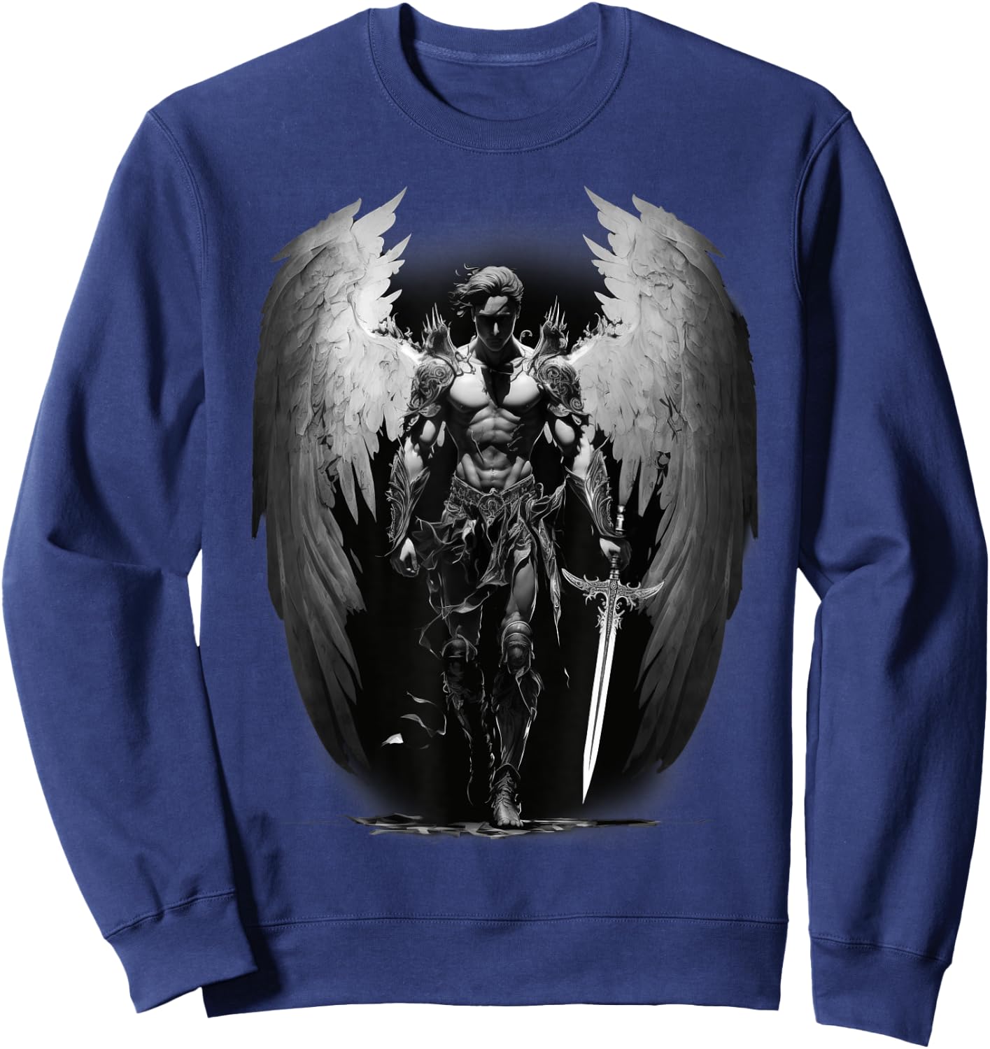 Angel Archangel with Sword, Wings in B&W Walking to Fight. Sweatshirt - Sweatshirt | Navy