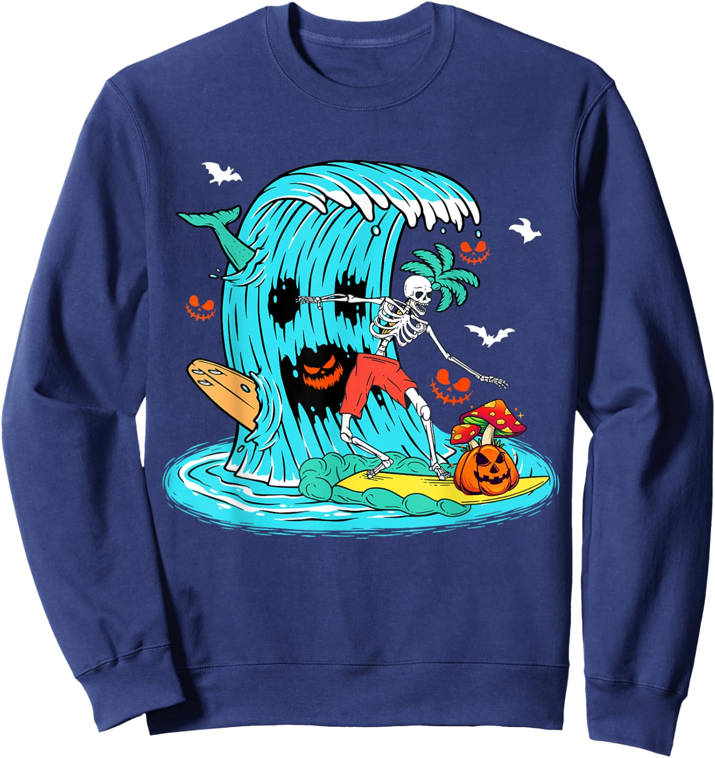 Skeleton Surfing Hawaiian Halloween Surfer Horror Pumpkin Sweatshirt - Sweatshirt | Navy