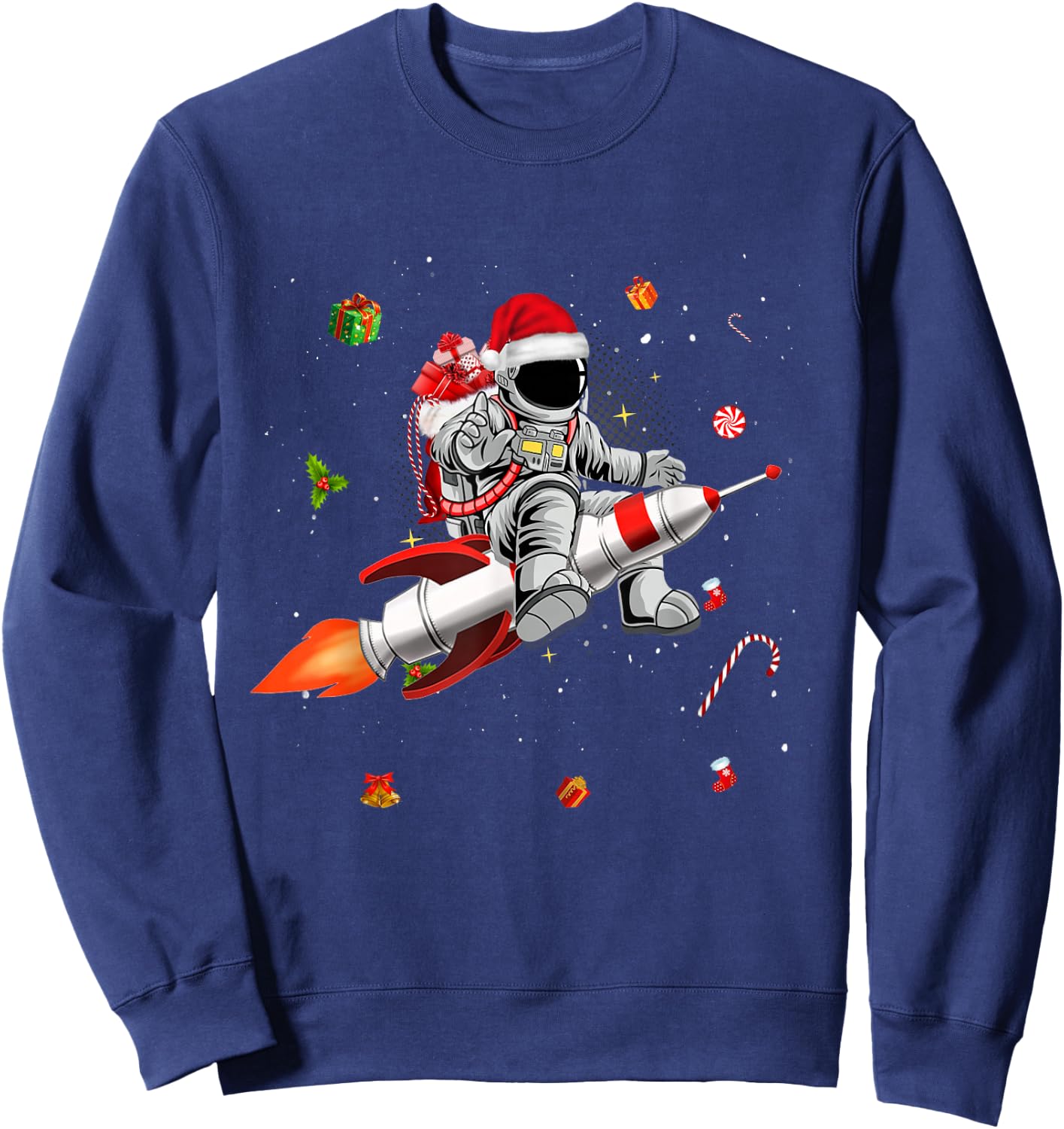 Astronaut Santa Riding Rocket Ship Planets Space Moon Galaxy Sweatshirt - Sweatshirt | Navy