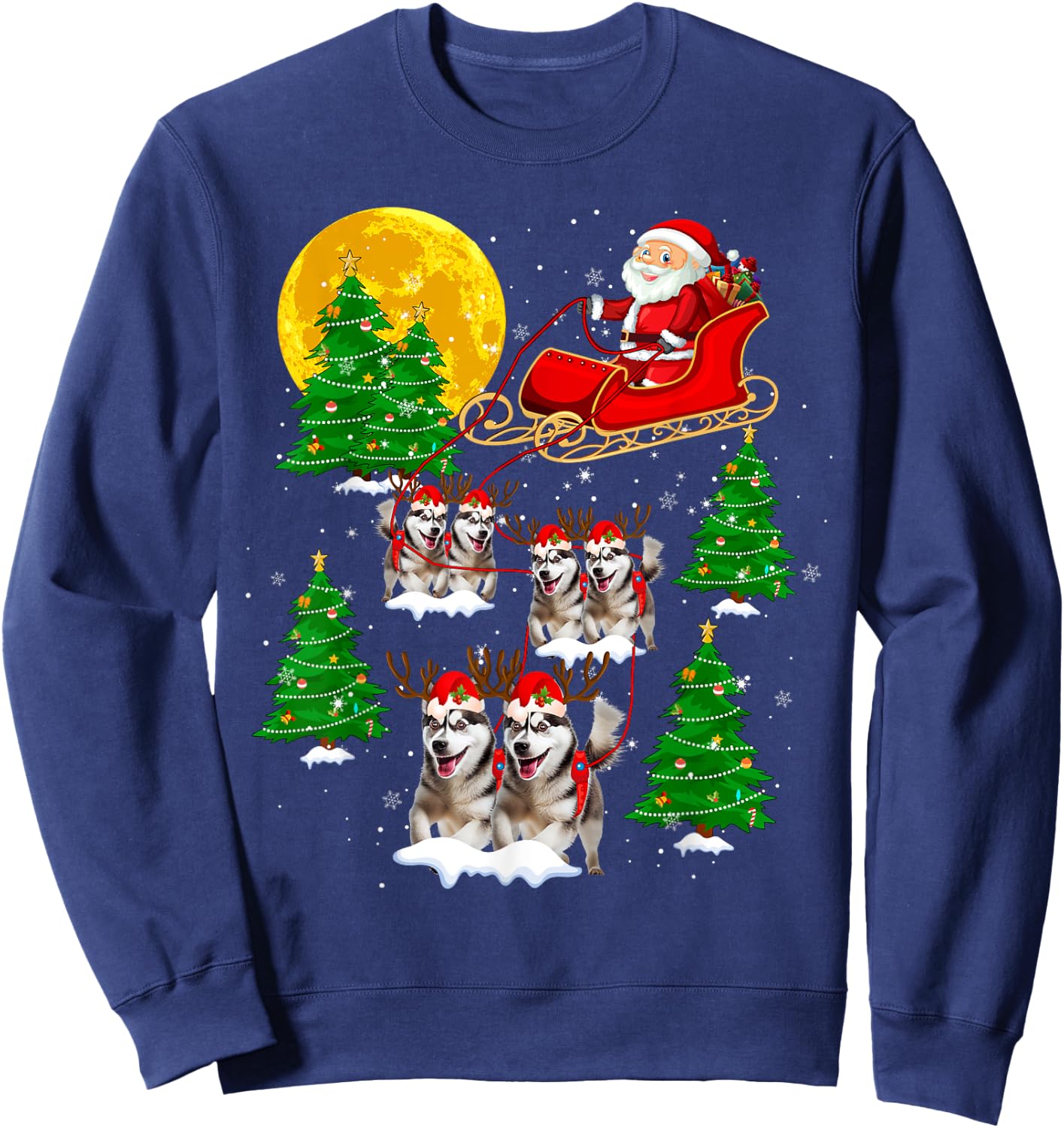 Cute Reindeer Husky Dogs Pulling Santa Sled Christmas Pajama Sweatshirt - Sweatshirt | Navy