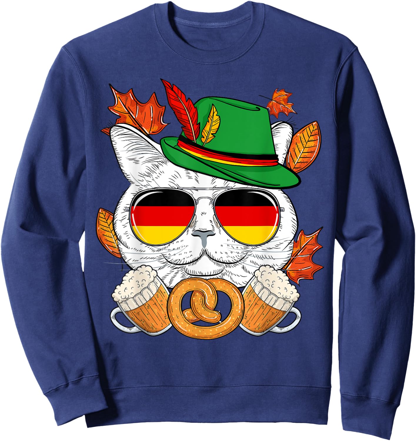 Funny Lederhosen Cat & Sunglasses Germany Flag Oktoberfest Sweatshirt - Sweatshirt | Navy