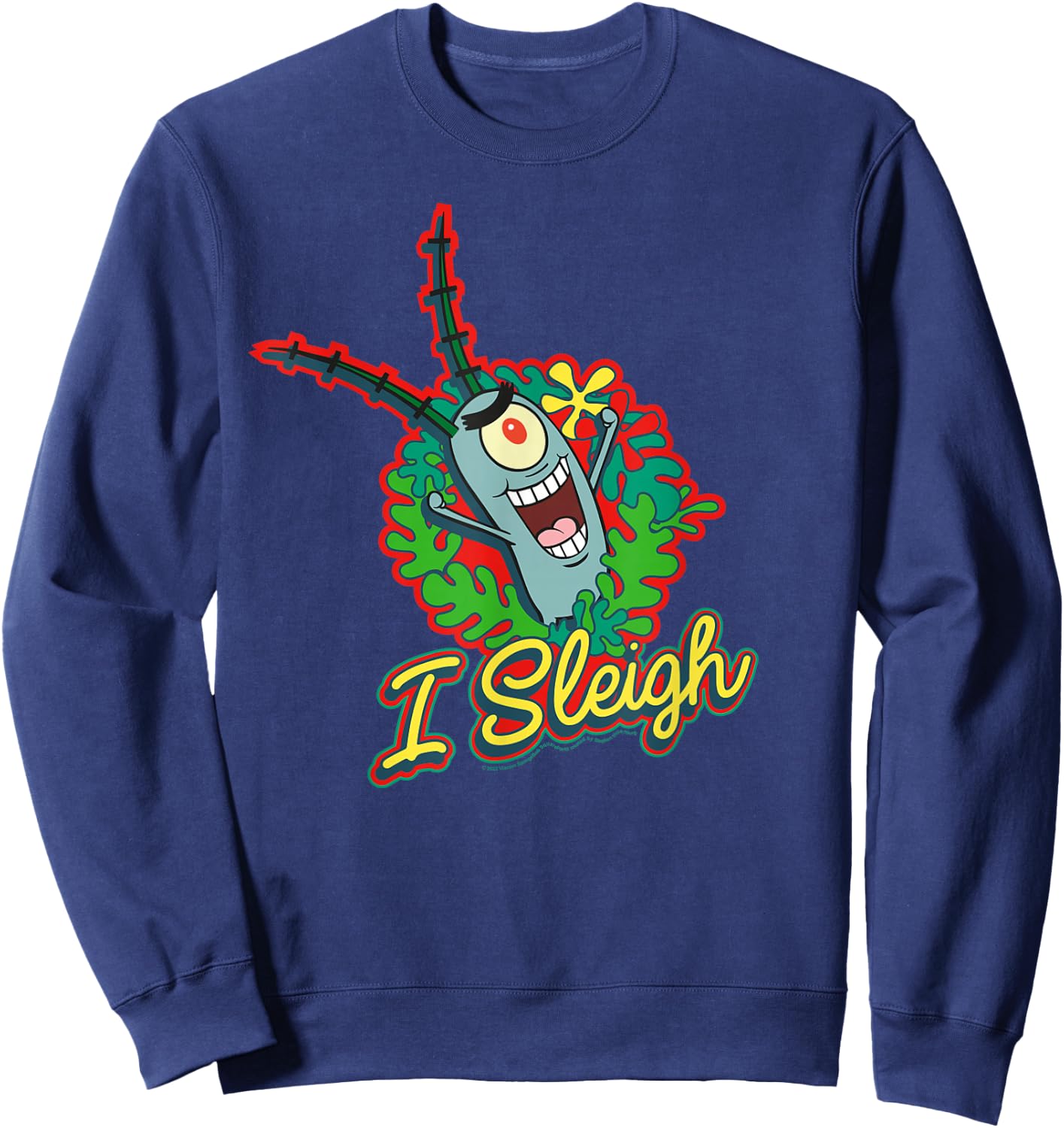 SpongeBob SquarePants I Sleigh, Plankton Christmas Wreath Sweatshirt - Sweatshirt | Navy