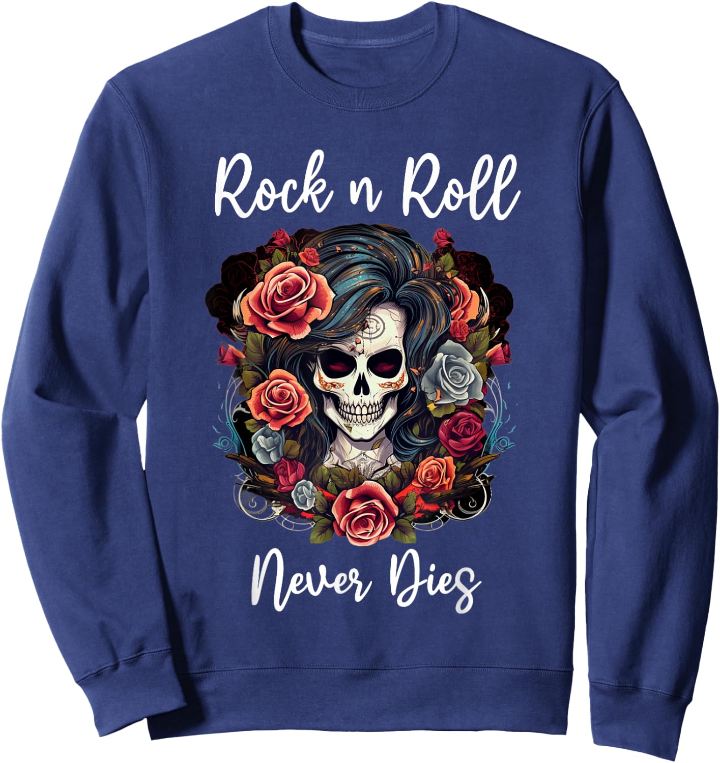 Rock n Roll Never Dies Rockabilly Girl Skull Tattoo Sweatshirt - Sweatshirt | Navy