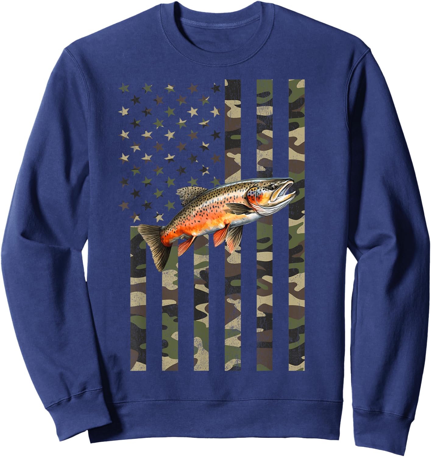 Brook Trout Fishing, Camo American Flag with Brook Trout Sweatshirt - Sweatshirt | Navy