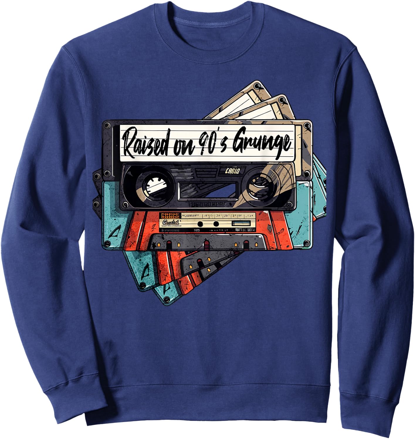 Raised On 90's Music Grunge Rock Cassette Tape Design Sweatshirt - Sweatshirt | Navy