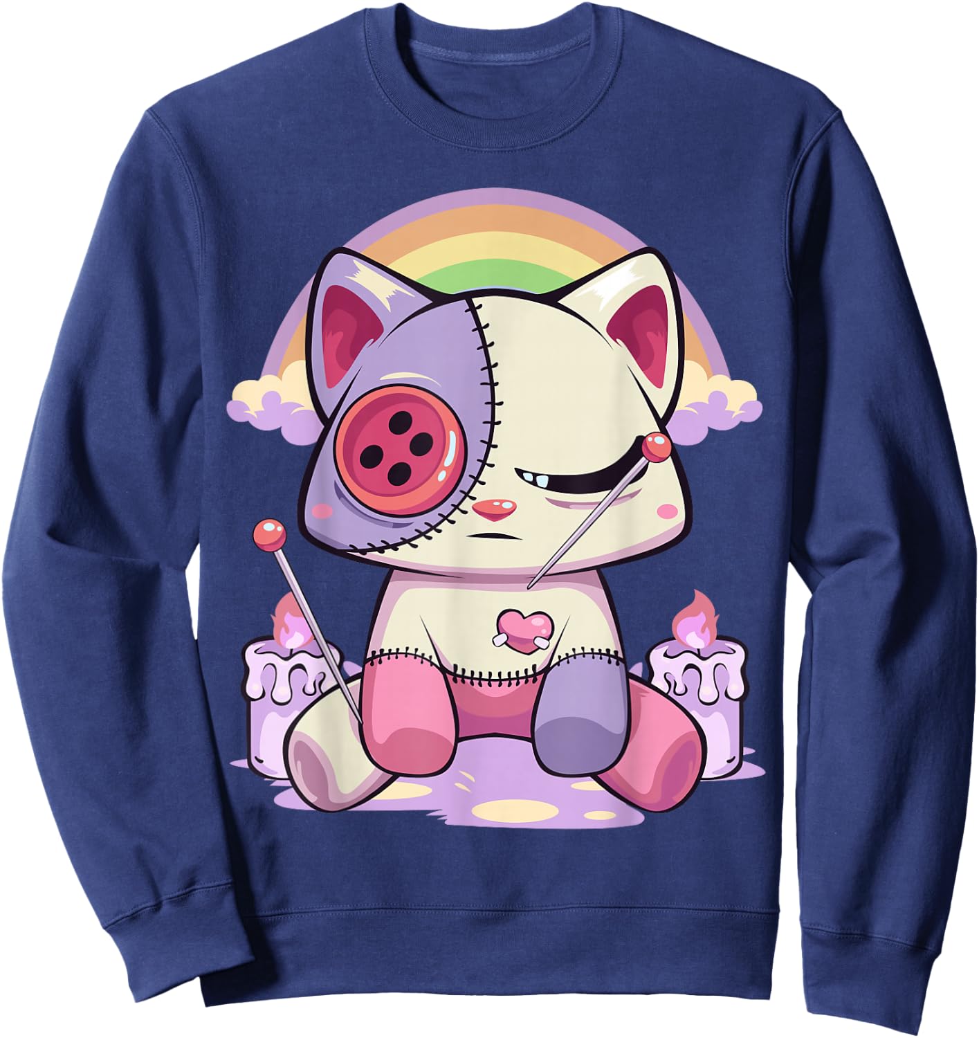 Pastel Goth Kawaii Menhera Sad Creepy Voodoo Doll Cat Sweatshirt - Sweatshirt | Navy