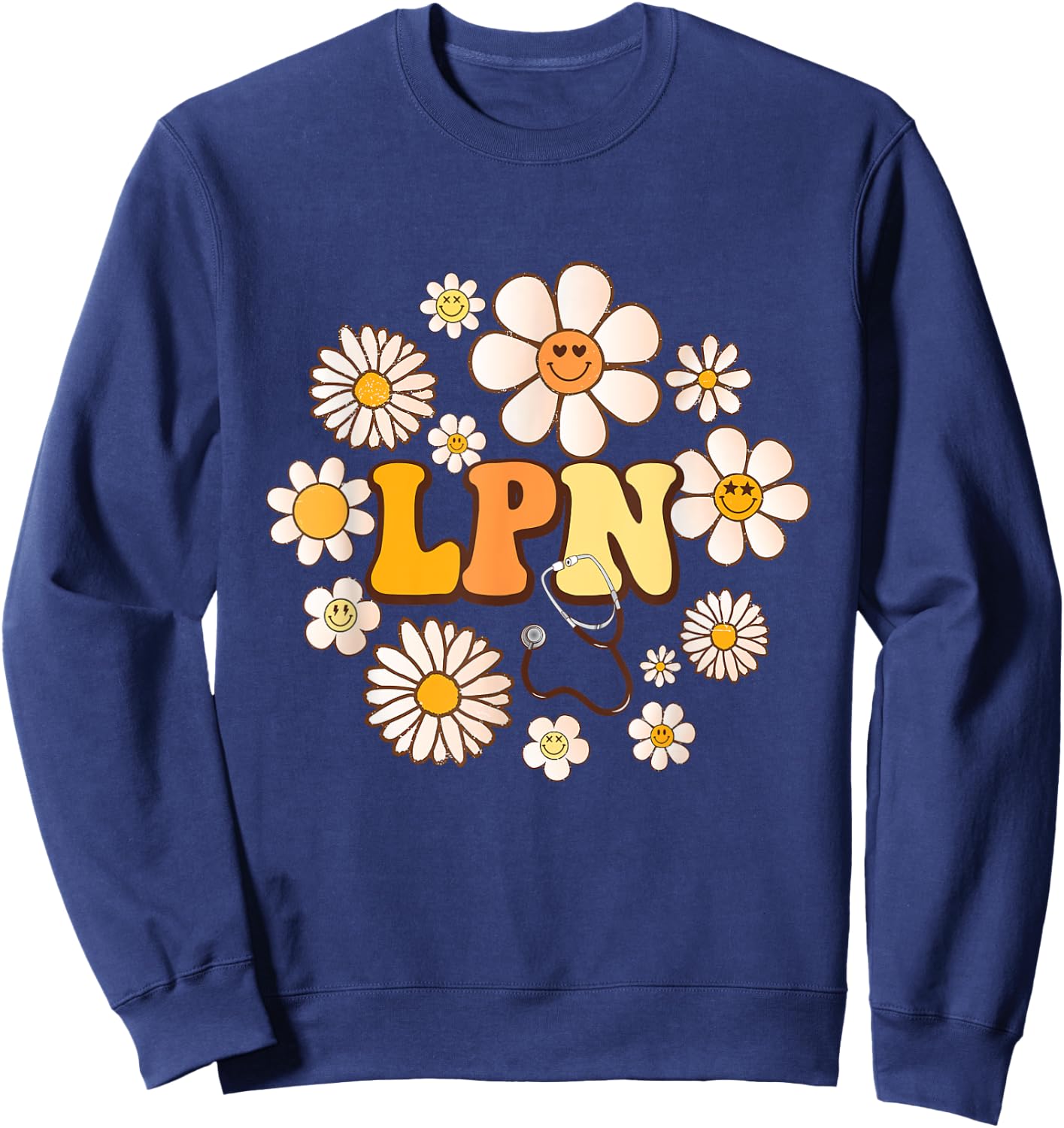 Retro groovy smile face Flowers LPN Licensed Practical Nurse Sweatshirt - Sweatshirt | Navy