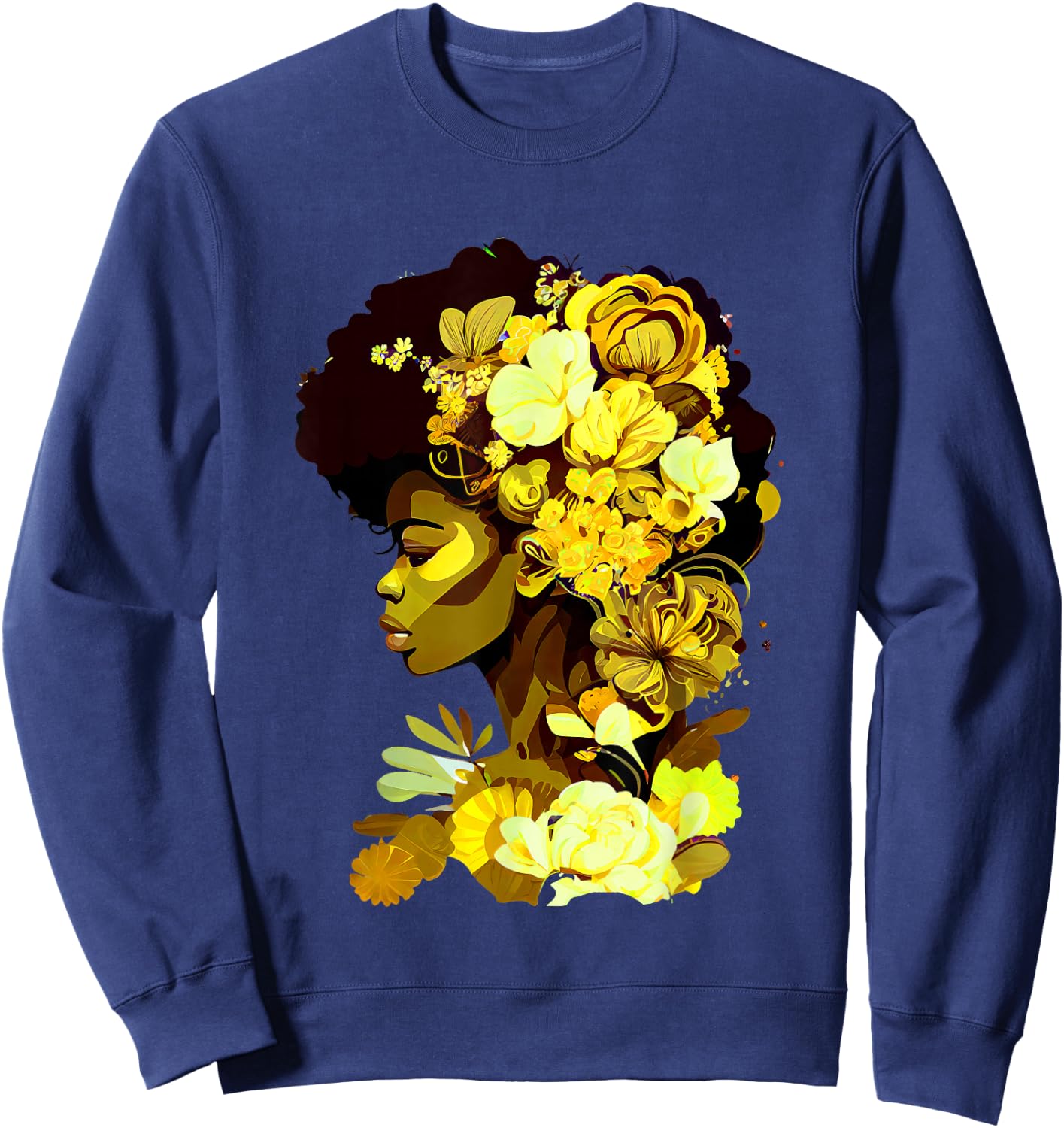 Beautiful Black Woman Afro Queen African Art Yellow Flowers Sweatshirt - Sweatshirt | Navy