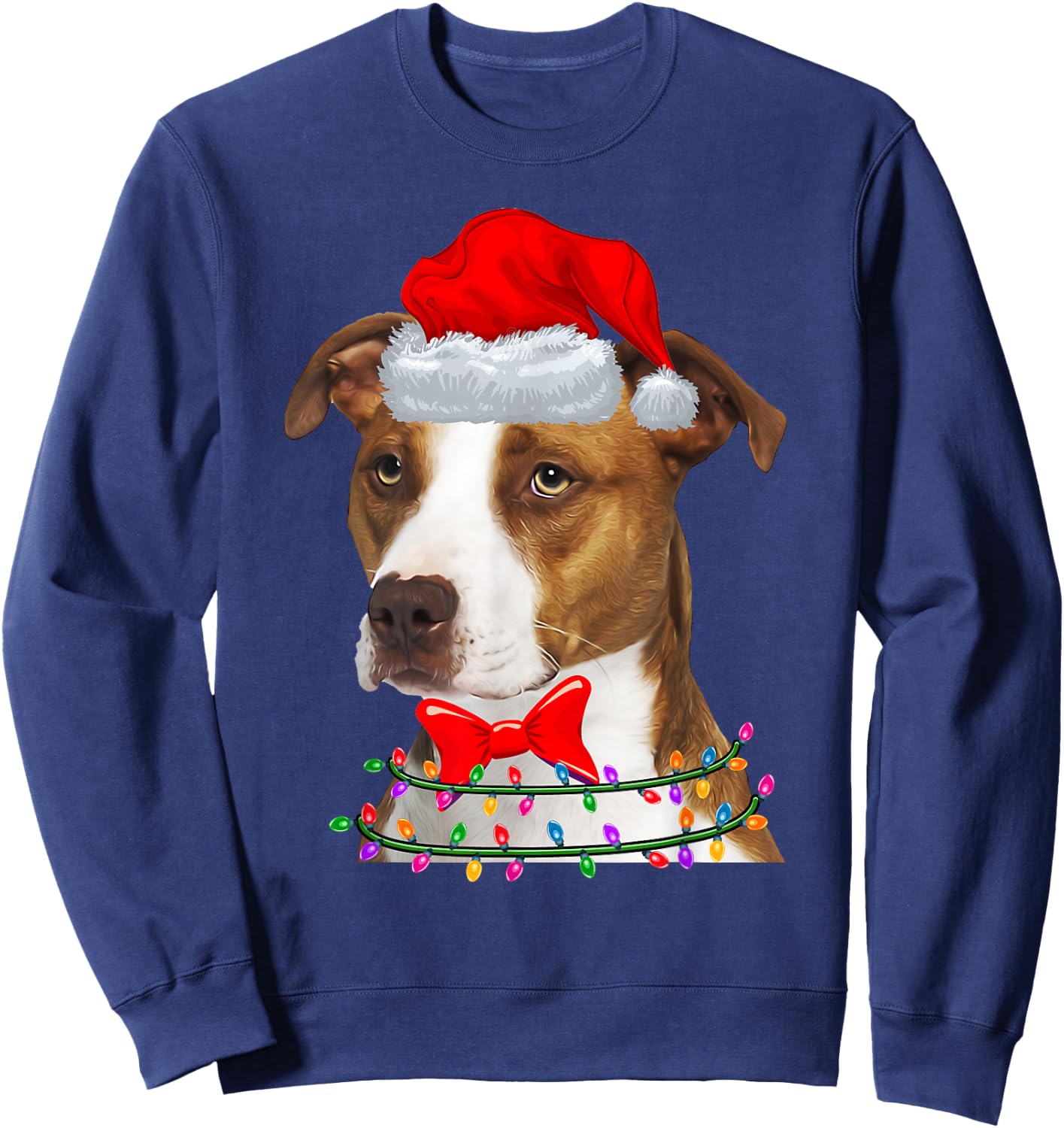 Christmas Lights Pitbull Wearing Xmas Hat - Cute Dog Lover Sweatshirt - Sweatshirt | Navy