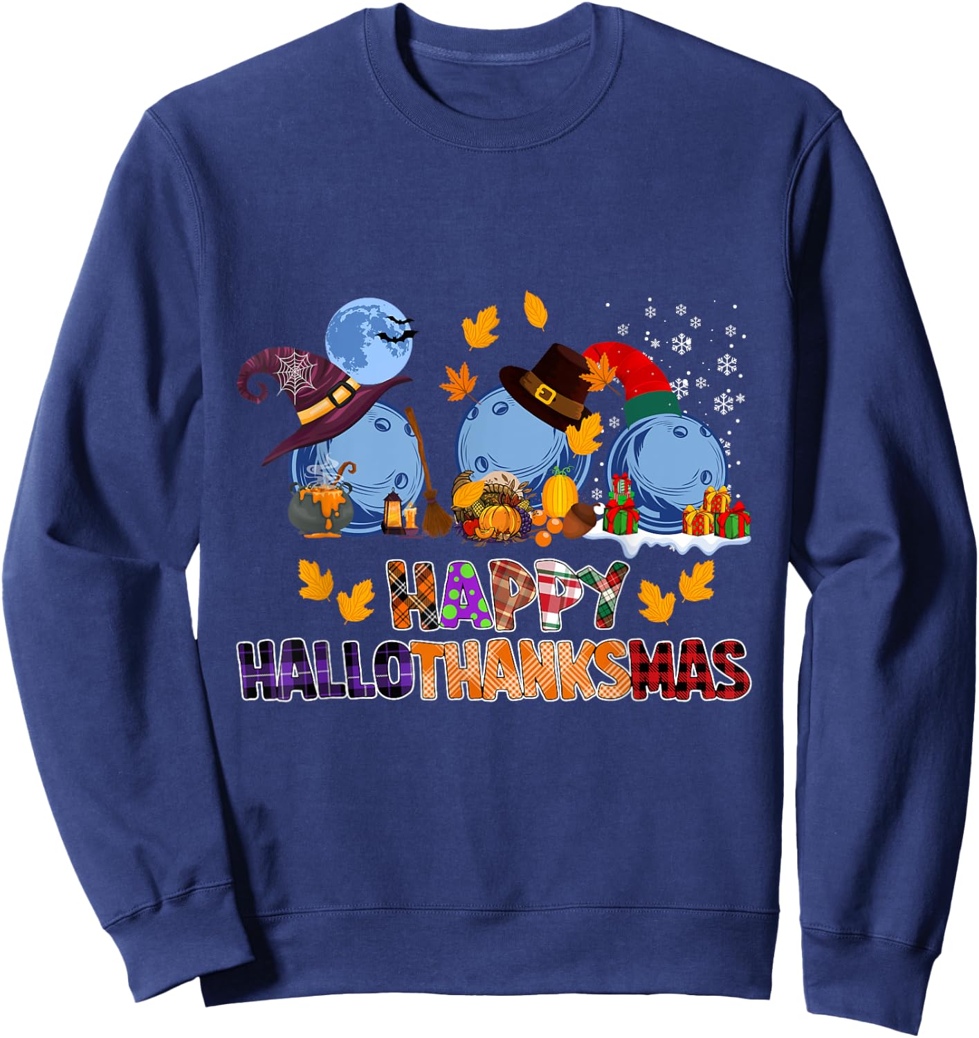 Cute Hallothanksmas Bowling Halloween Thanksgiving Christmas Sweatshirt - Sweatshirt | Navy