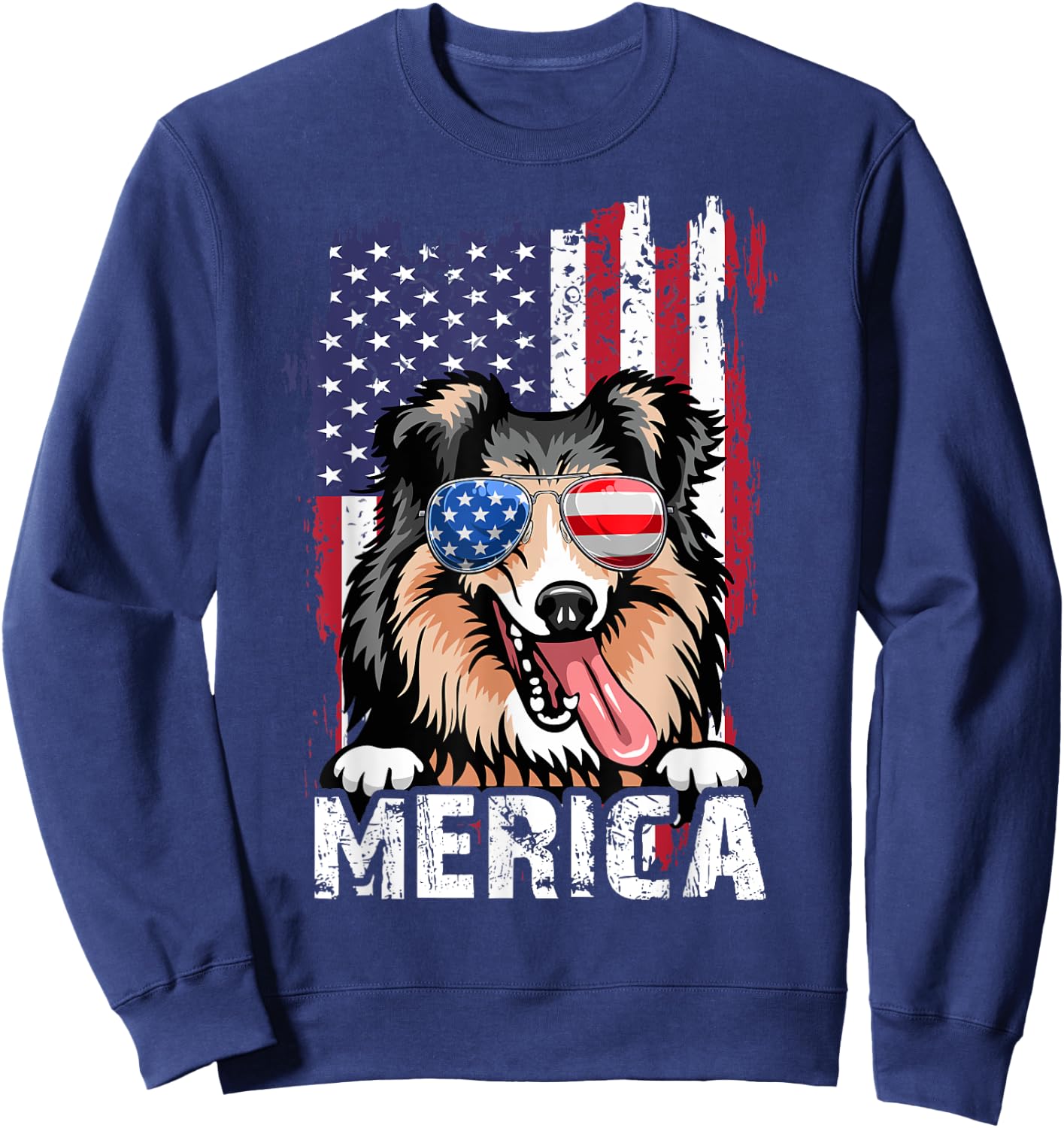 Merica 4th of July Shetland Sheepdog US Flag Sheltie Mom Dad Sweatshirt - Sweatshirt | Navy