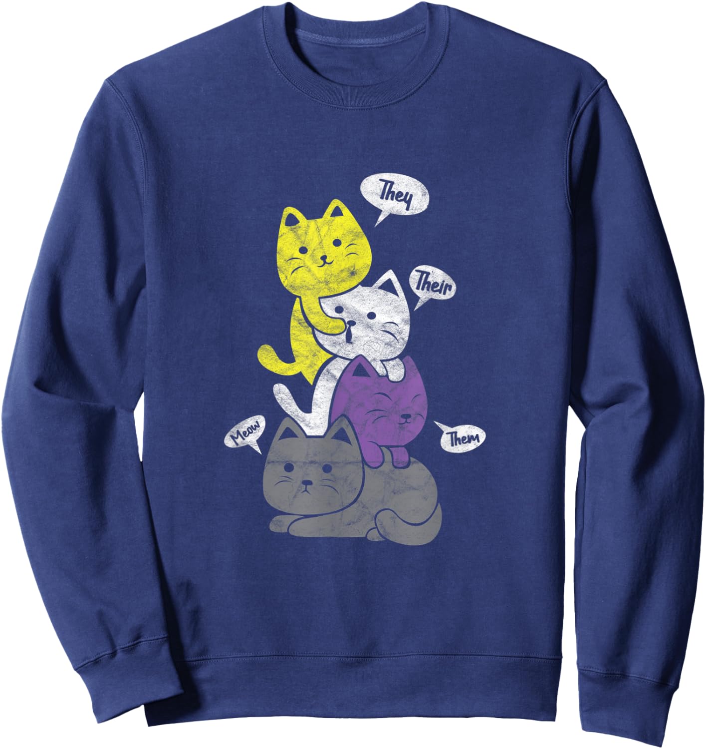 Nonbinary They Their Them Cat Pile Non-Binary Flag Vintage Women Sweatshirt - Sweatshirt | Navy