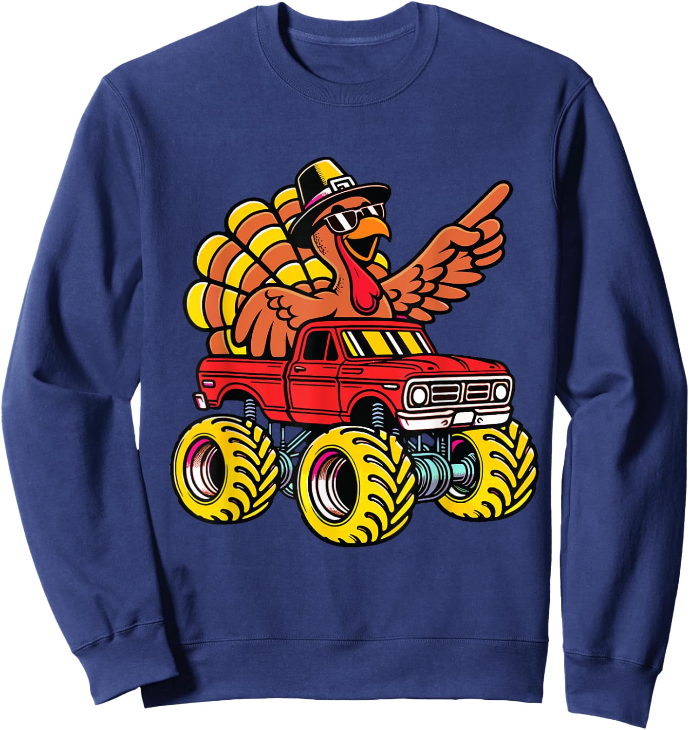 Thanksgiving Turkey Riding Monster Truck Kids Boys Sweatshirt - Sweatshirt | Navy