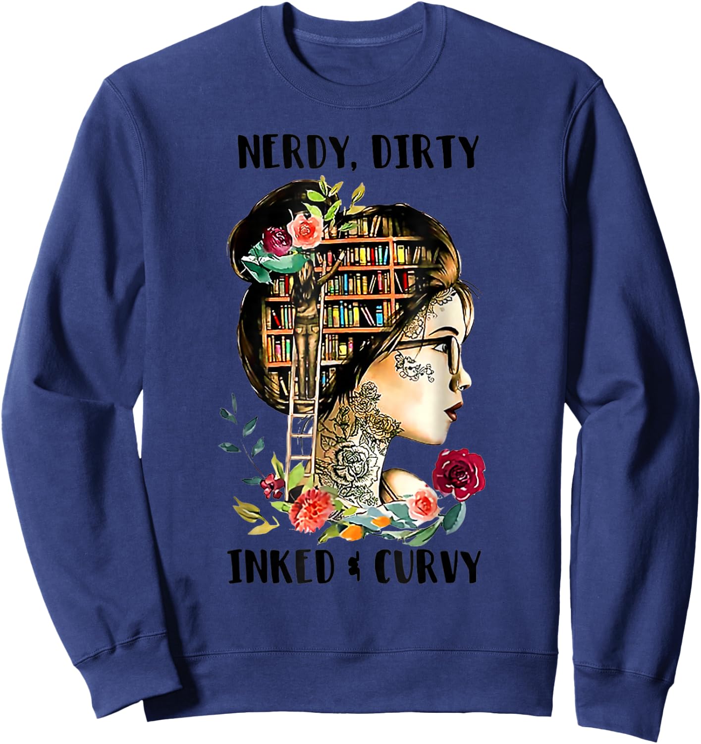 Vintage Nerdy Dirty Inked Curvy Girl Tattoo Reading Lover Sweatshirt - Sweatshirt | Navy