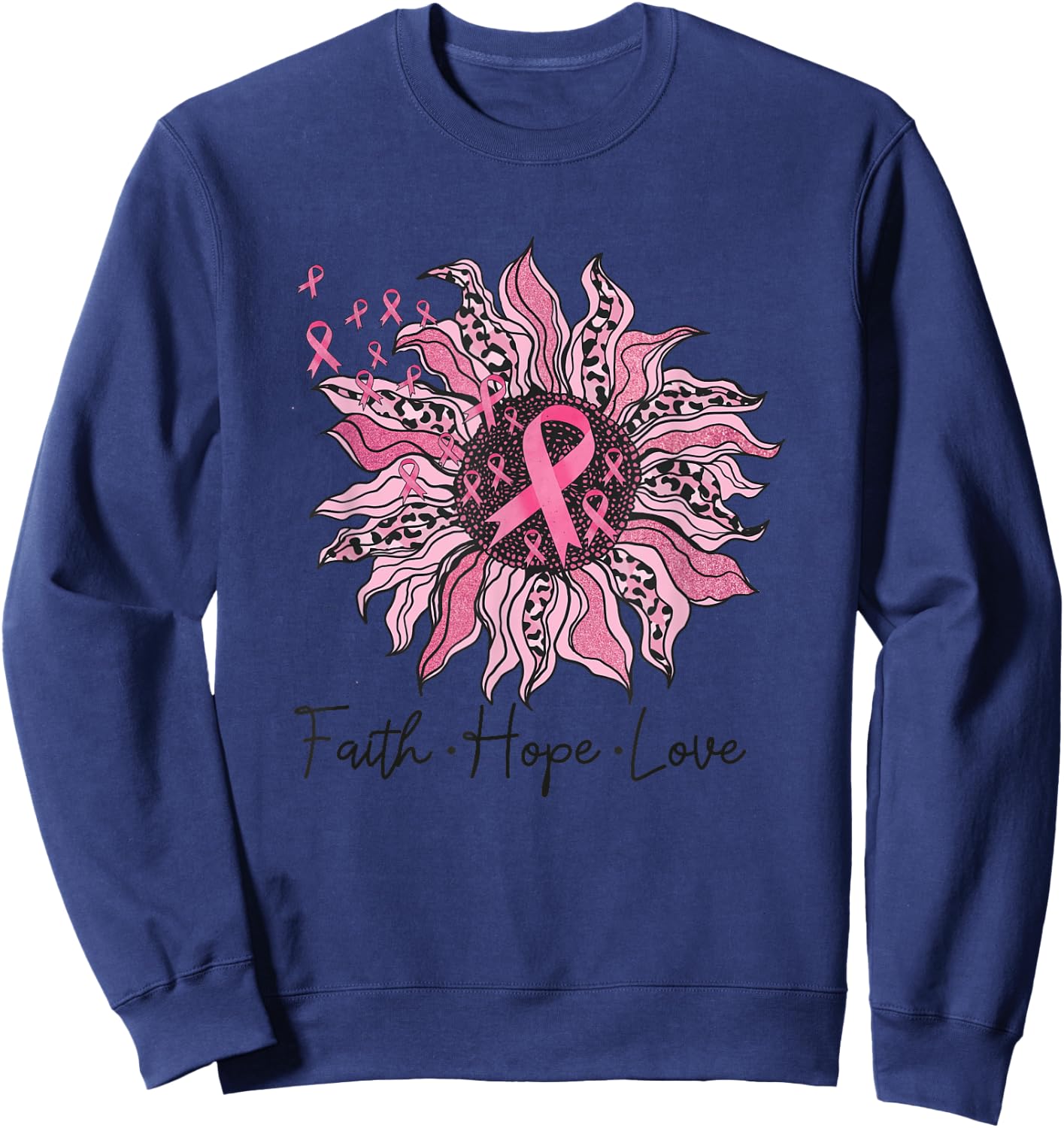 Faith Hope Love Sunflower Leopard Breast Cancer Awareness Sweatshirt - Sweatshirt | Navy
