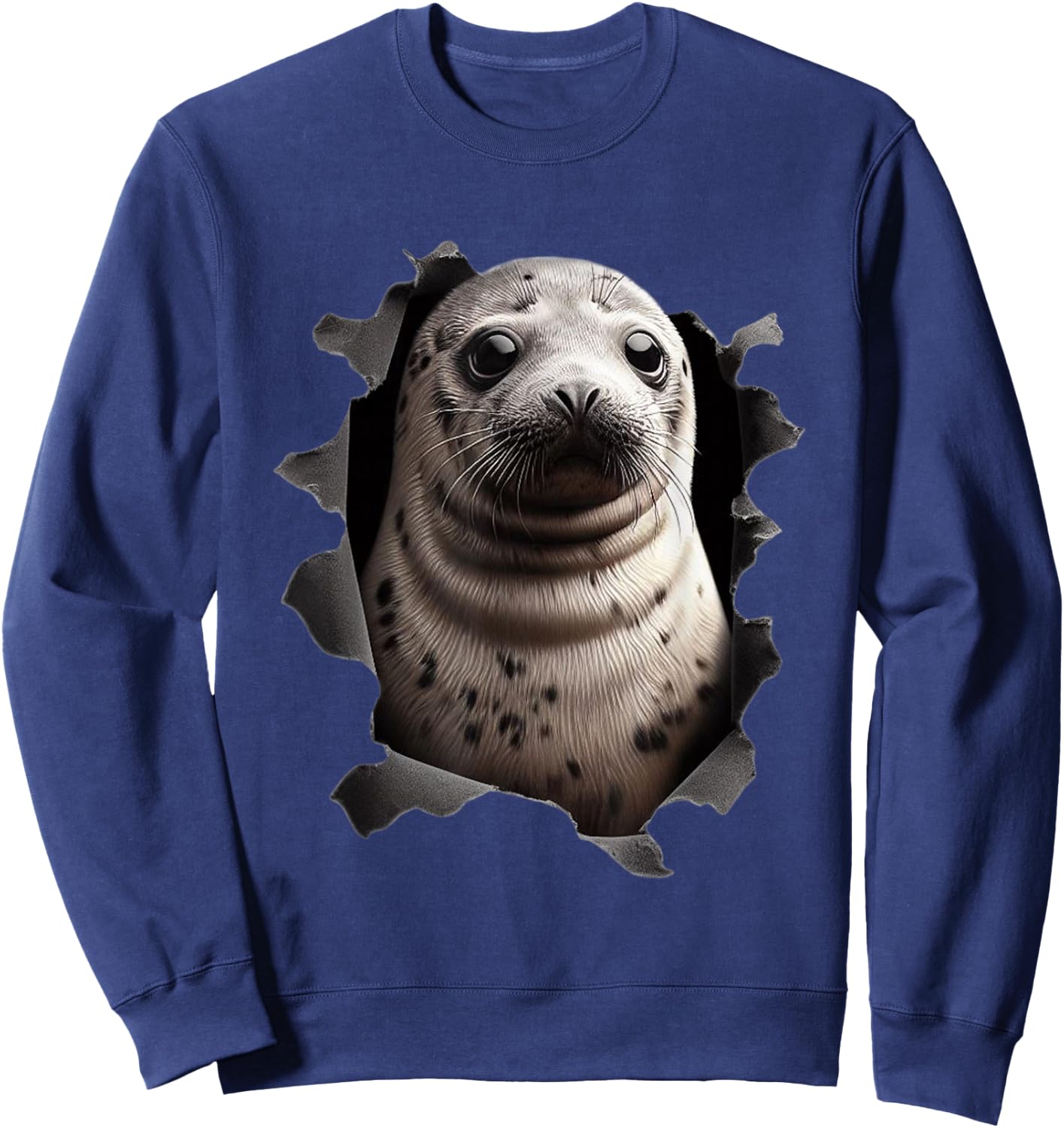 Baby seal looking out of torn cloth Funny Animal Lover Sweatshirt - Sweatshirt | Navy