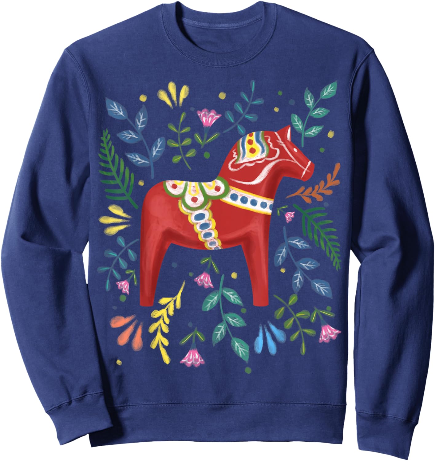 Swedish Dala Horse Folk Art Sweden Flag Dalahelmsoljd Horse Sweatshirt - Sweatshirt | Navy