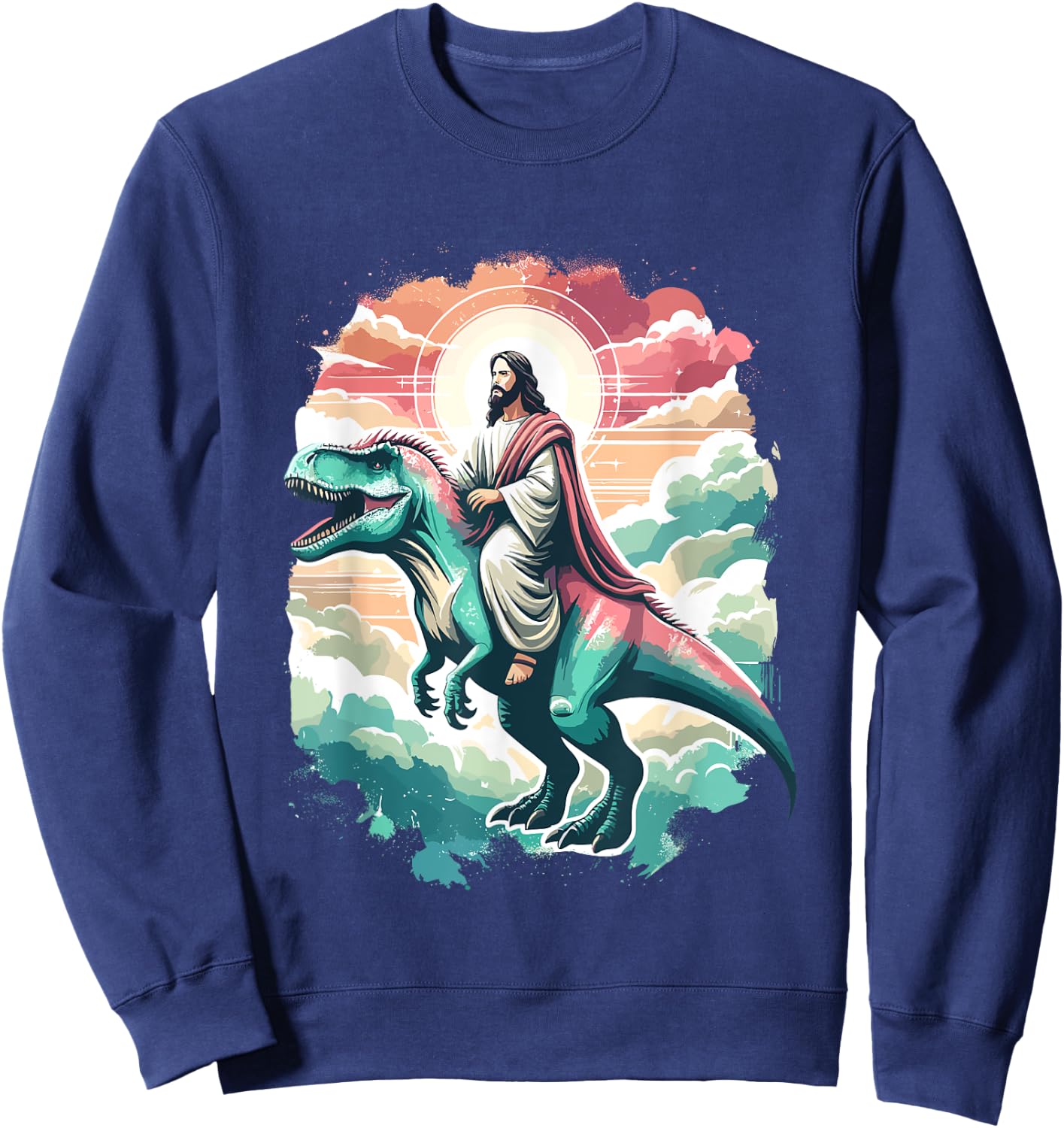 Funny Jesus Riding T-Rex Dinosaur Meme Parody for Believers Sweatshirt - Sweatshirt | Navy
