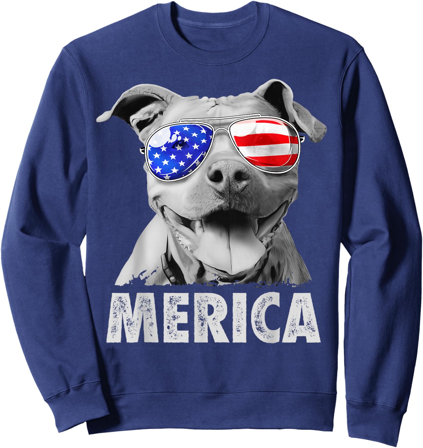 Pit Bull 4th of July Merica Men USA American Flag Sunglasses Sweatshirt - Sweatshirt | Navy