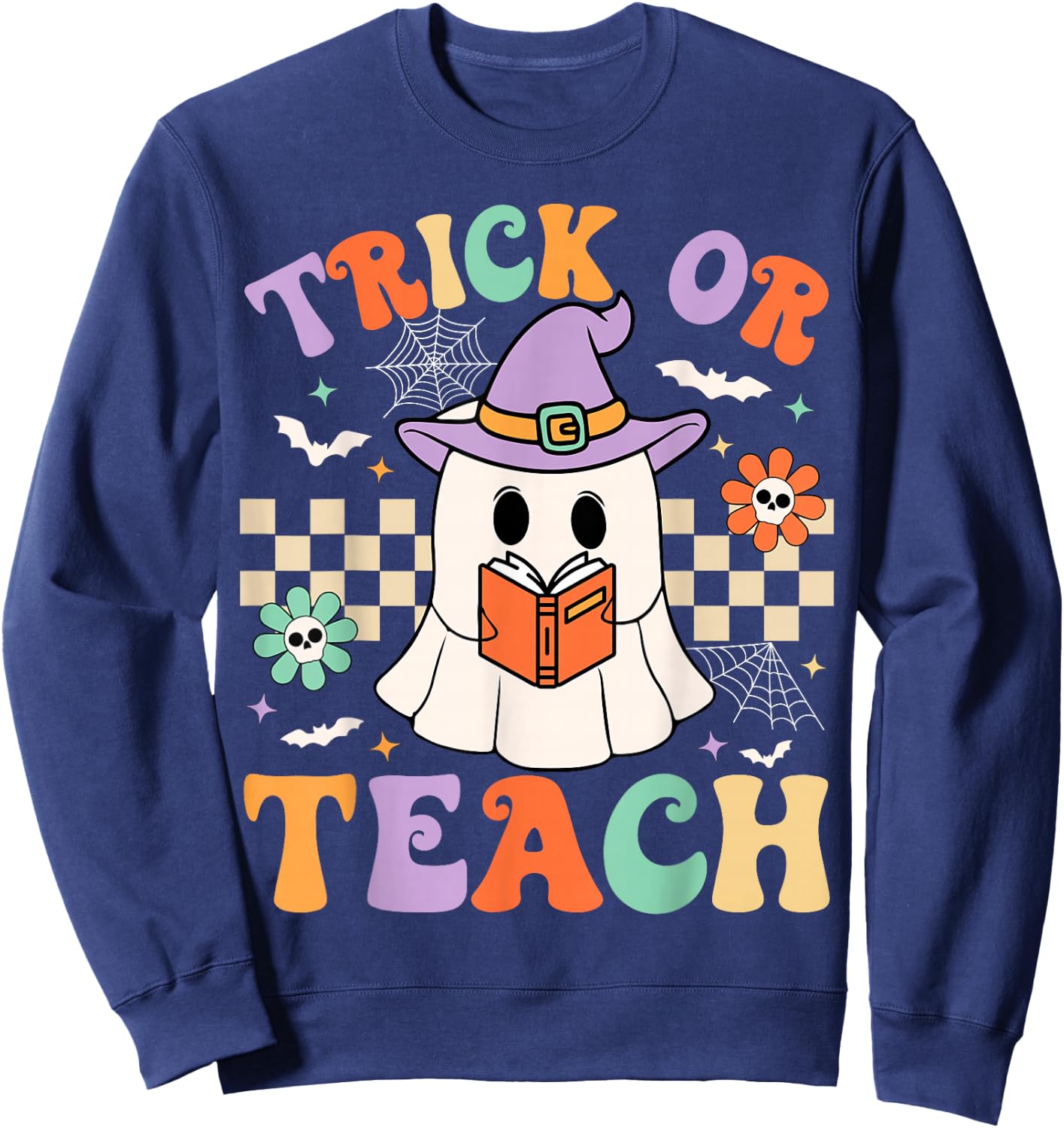 Trick Or Teach Groovy Teacher Halloween Retro Floral Ghost Sweatshirt - Sweatshirt | Navy
