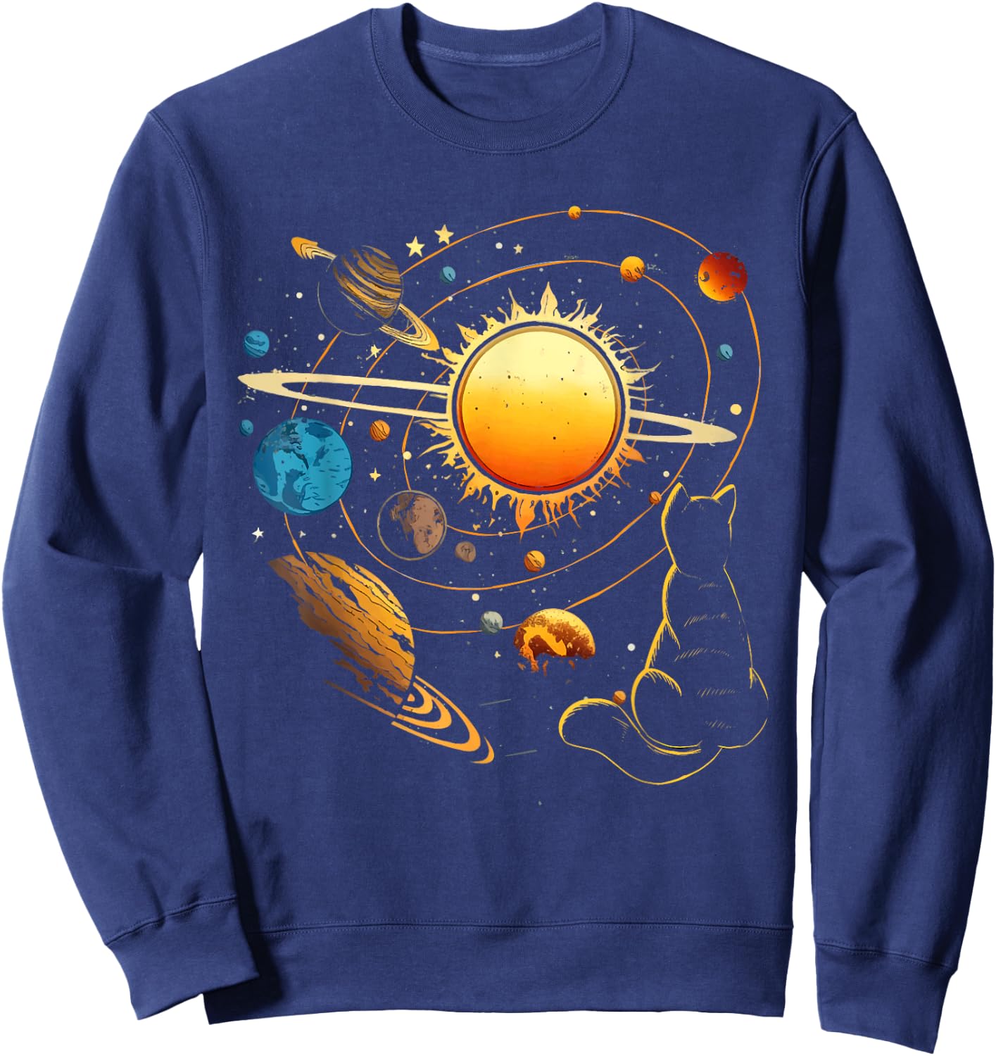 Cat And Planets - Galaxy Stars Kitten Kitty Animal Pet Lover Men Women Kids Sweatshirt - Sweatshirt | Navy