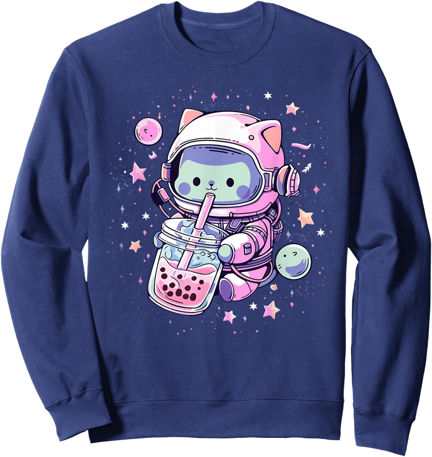 Kawaii Cat Bubble Boba Tea in Space Astronaut Anime Girls Sweatshirt - Sweatshirt | Navy