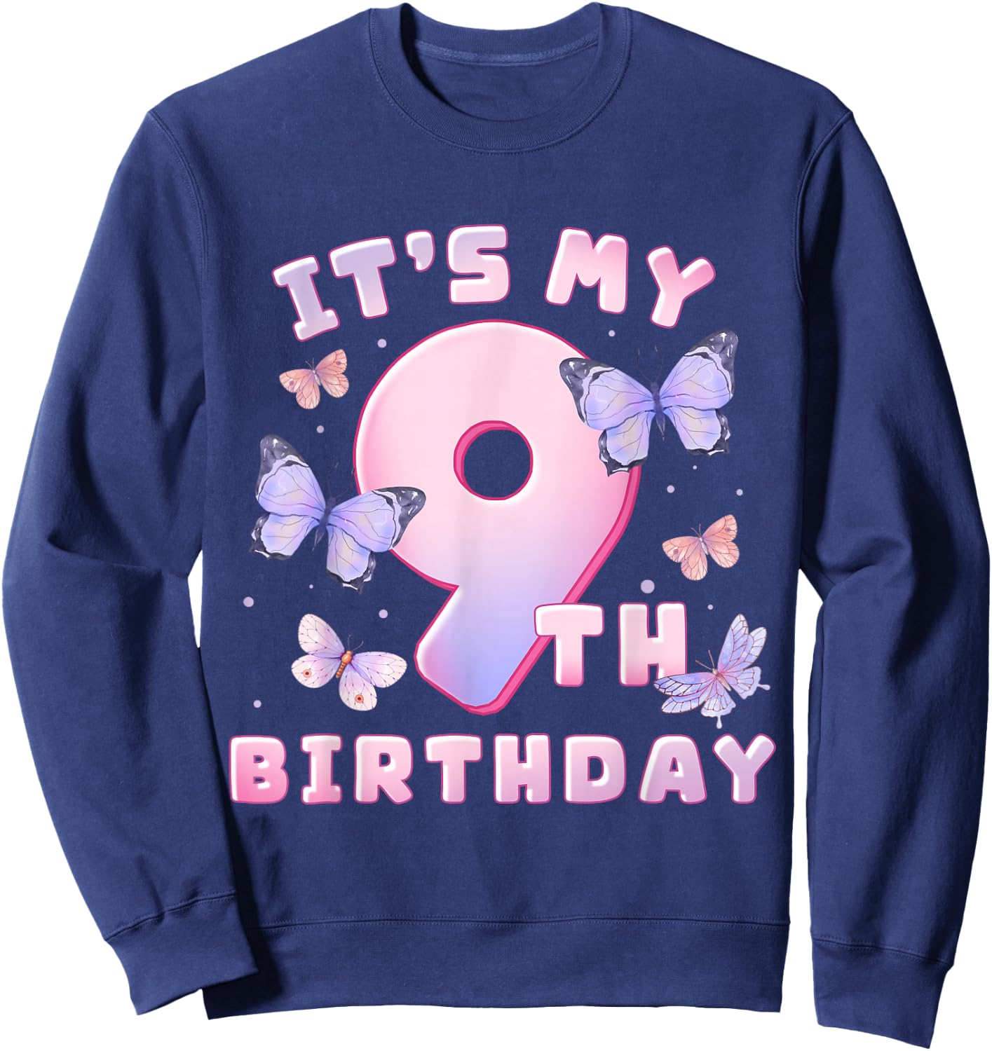 9th Birthday Girl Butterflies and Number 9 Cute Kids Sweatshirt - Sweatshirt | Navy