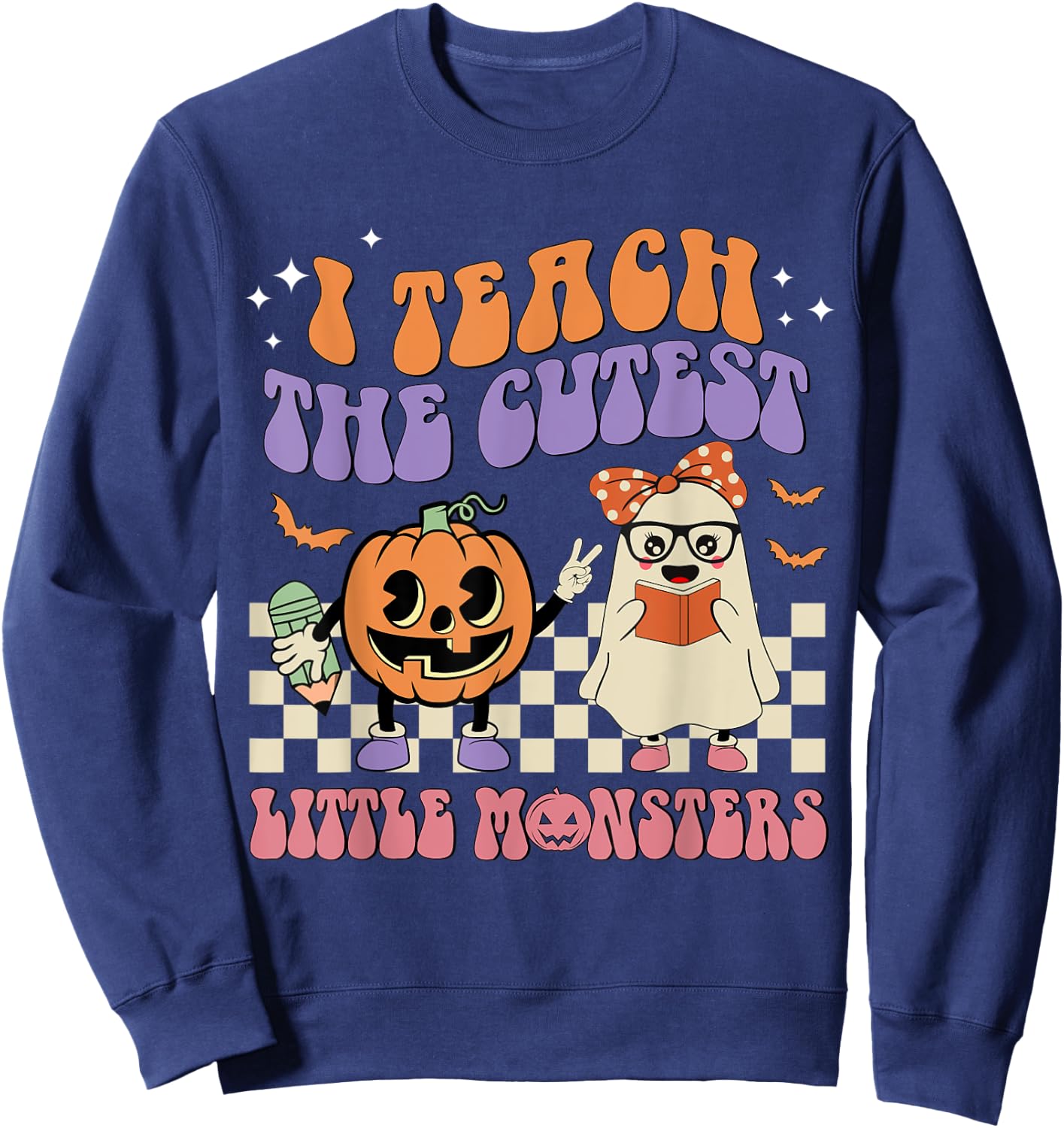 I Teach The Cutest Little Monster Retro Teacher Halloween Sweatshirt - Sweatshirt | Navy