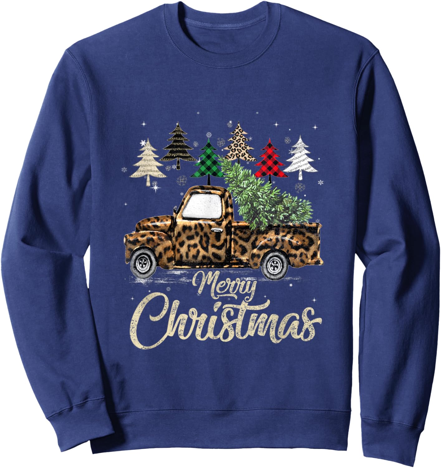 Green Buffalo Plaid Christmas Tree Leopard Covered Red Truck Sweatshirt - Sweatshirt | Navy