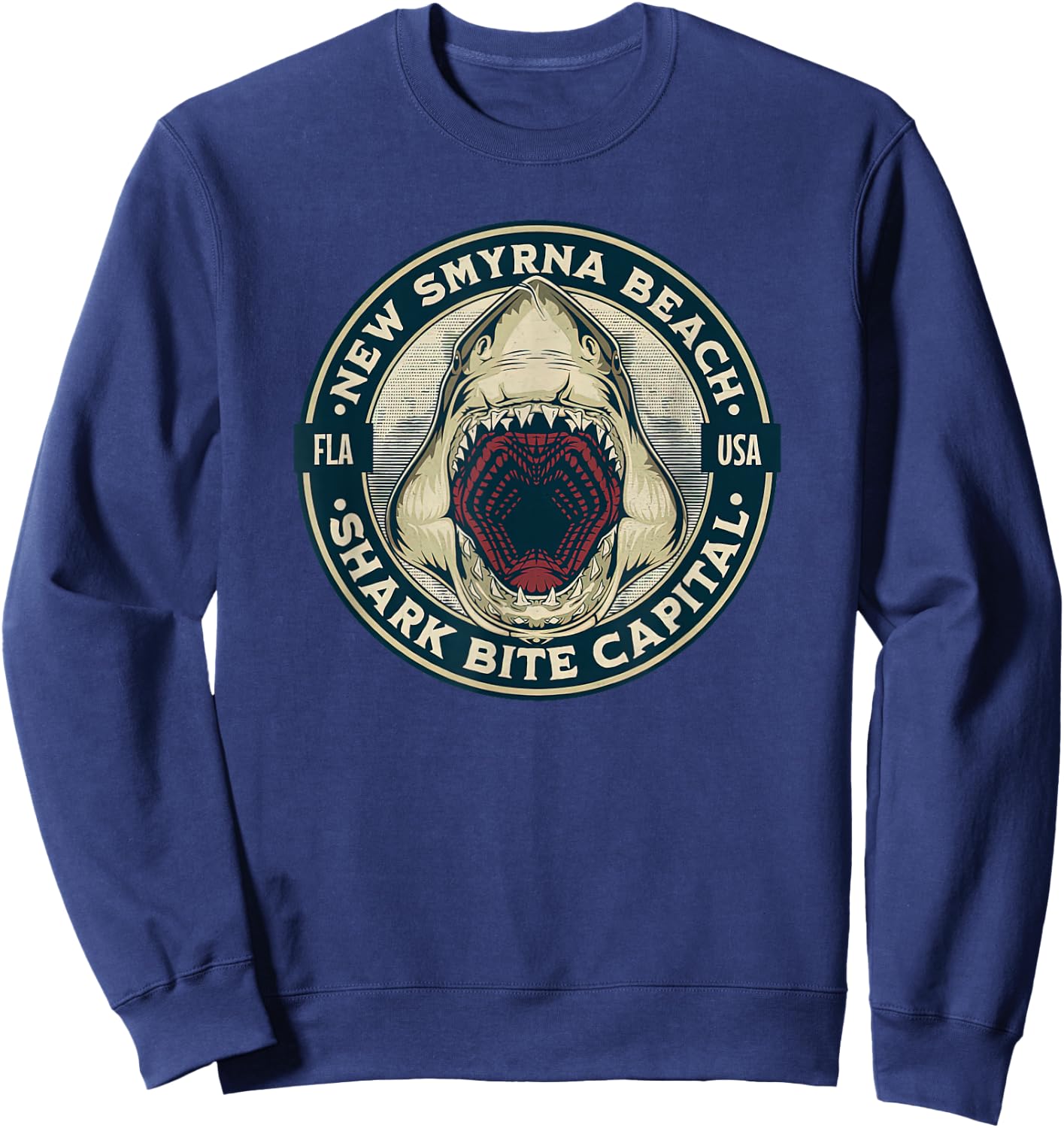New Smyrna Beach: Shark Bite Capital Of The World Graphic Sweatshirt - Sweatshirt | Navy