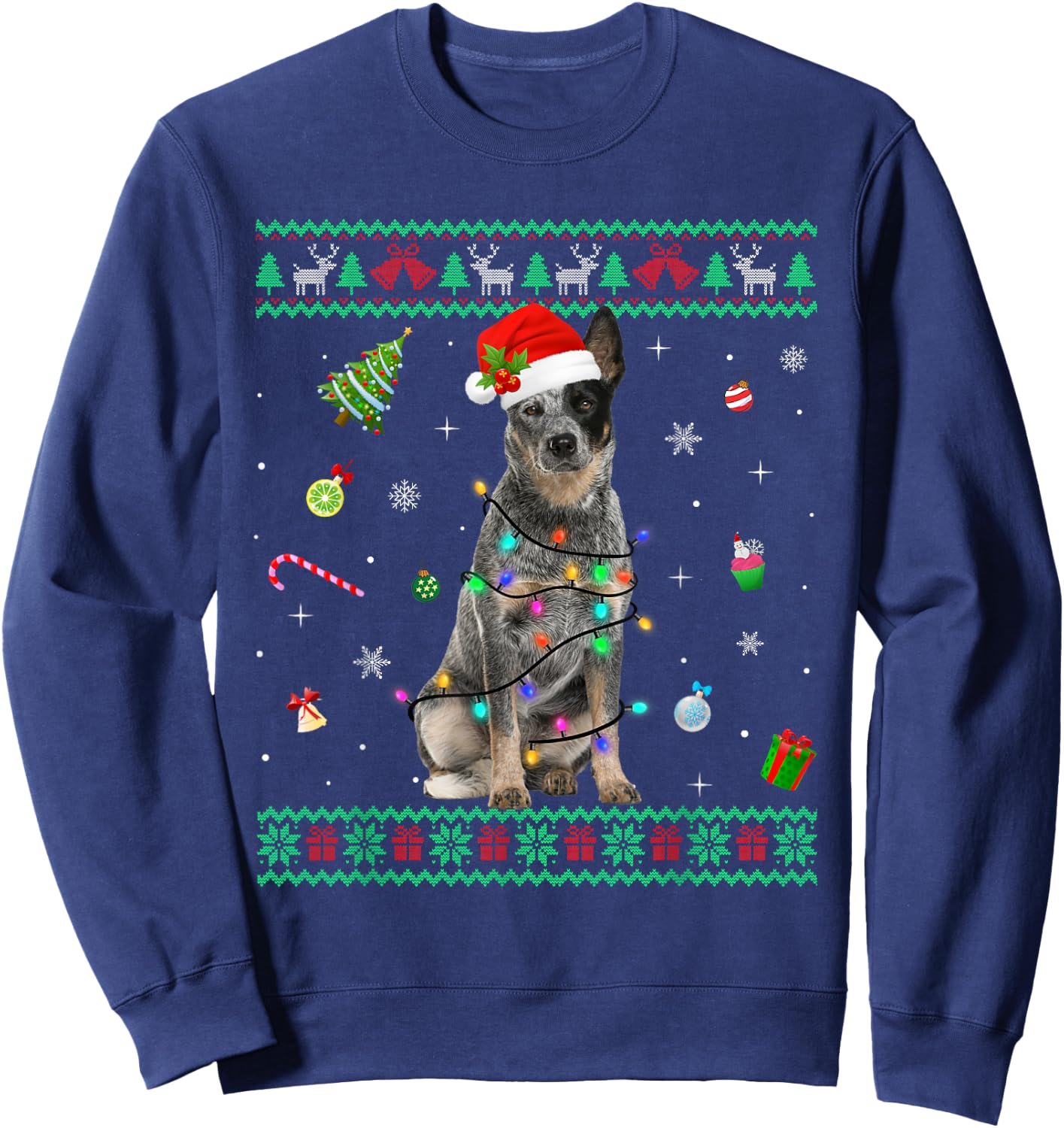 Ugly Sweater Australian Cattle Dog Christmas Light Santa Hat Sweatshirt - Sweatshirt | Navy