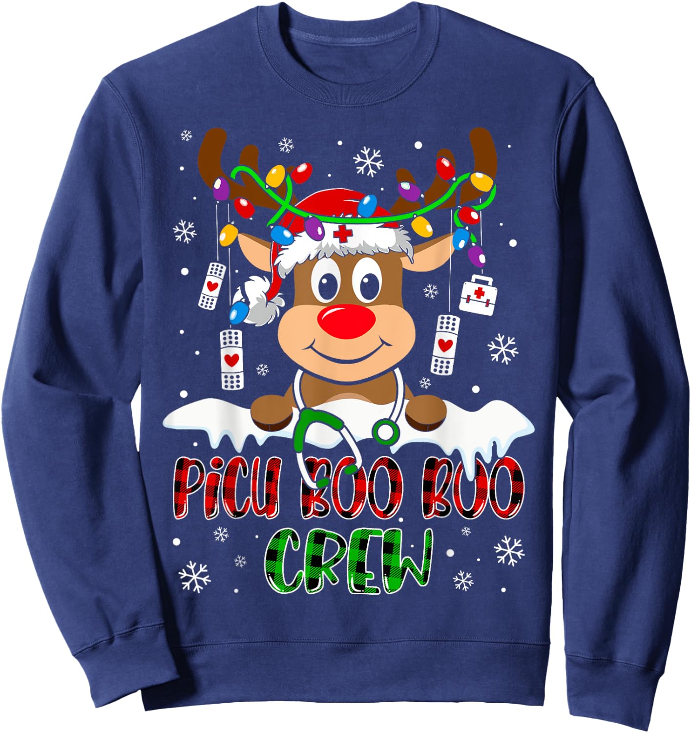 PICU Nurse Boo Crew Reindeer Nurse Buffalo Plaid Christmas Sweatshirt - Sweatshirt | Navy