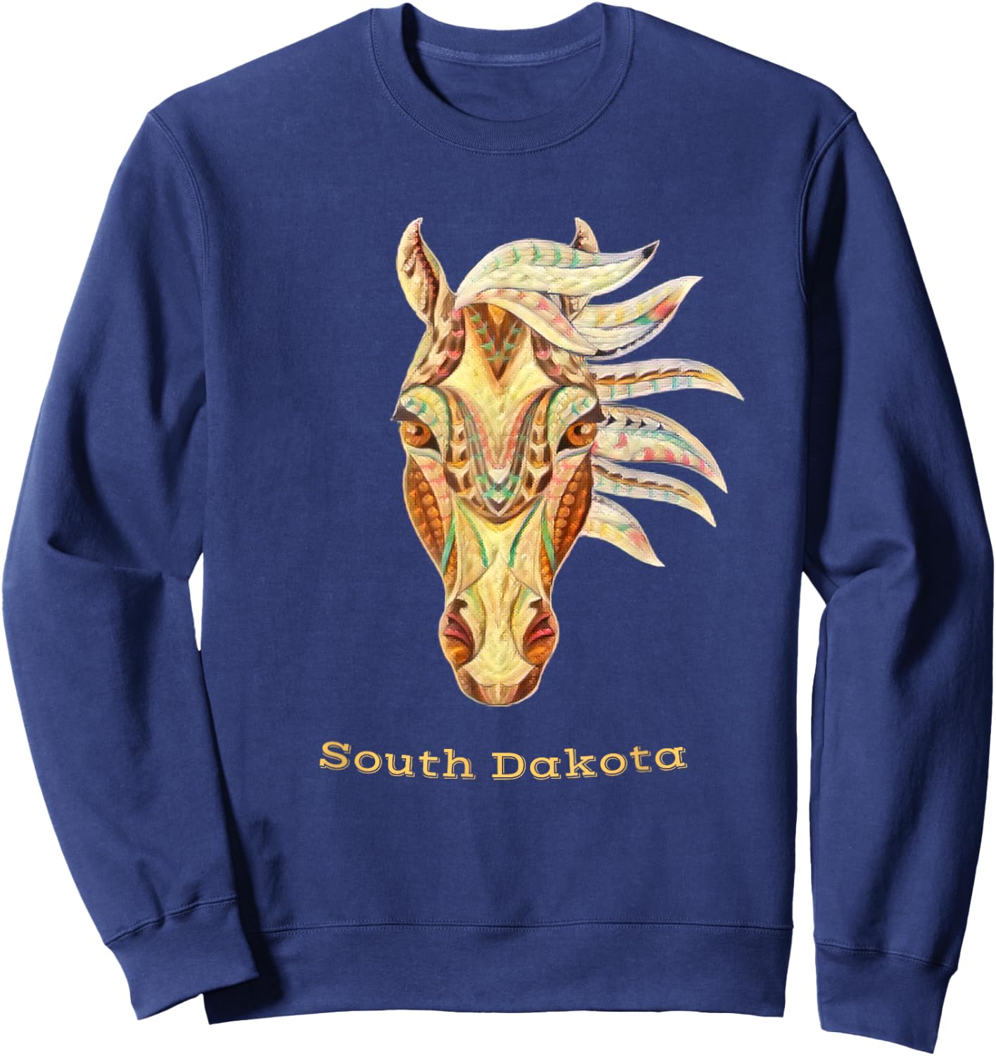 South Dakota Colorful Horse Tribal Native American Geometric Sweatshirt - Sweatshirt | Navy
