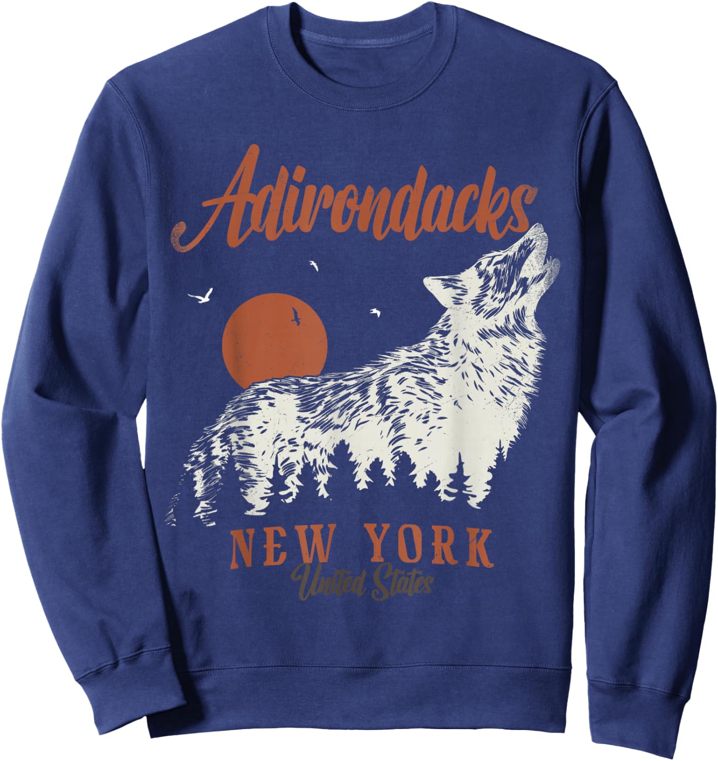 Vintage Adirondacks Mountains New York Forest Wolf Sweatshirt - Sweatshirt | Navy