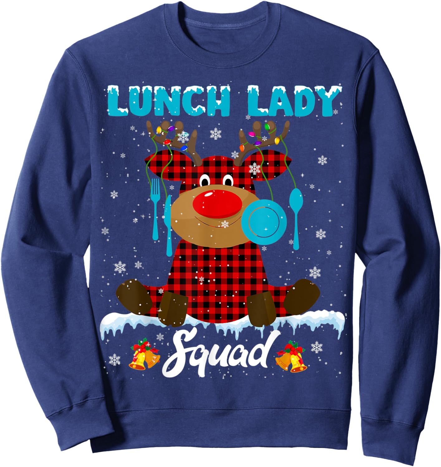Lunch Lady Squad Xmas Lights Red Plaid Reindeer Lunch Lady Sweatshirt - Sweatshirt | Navy