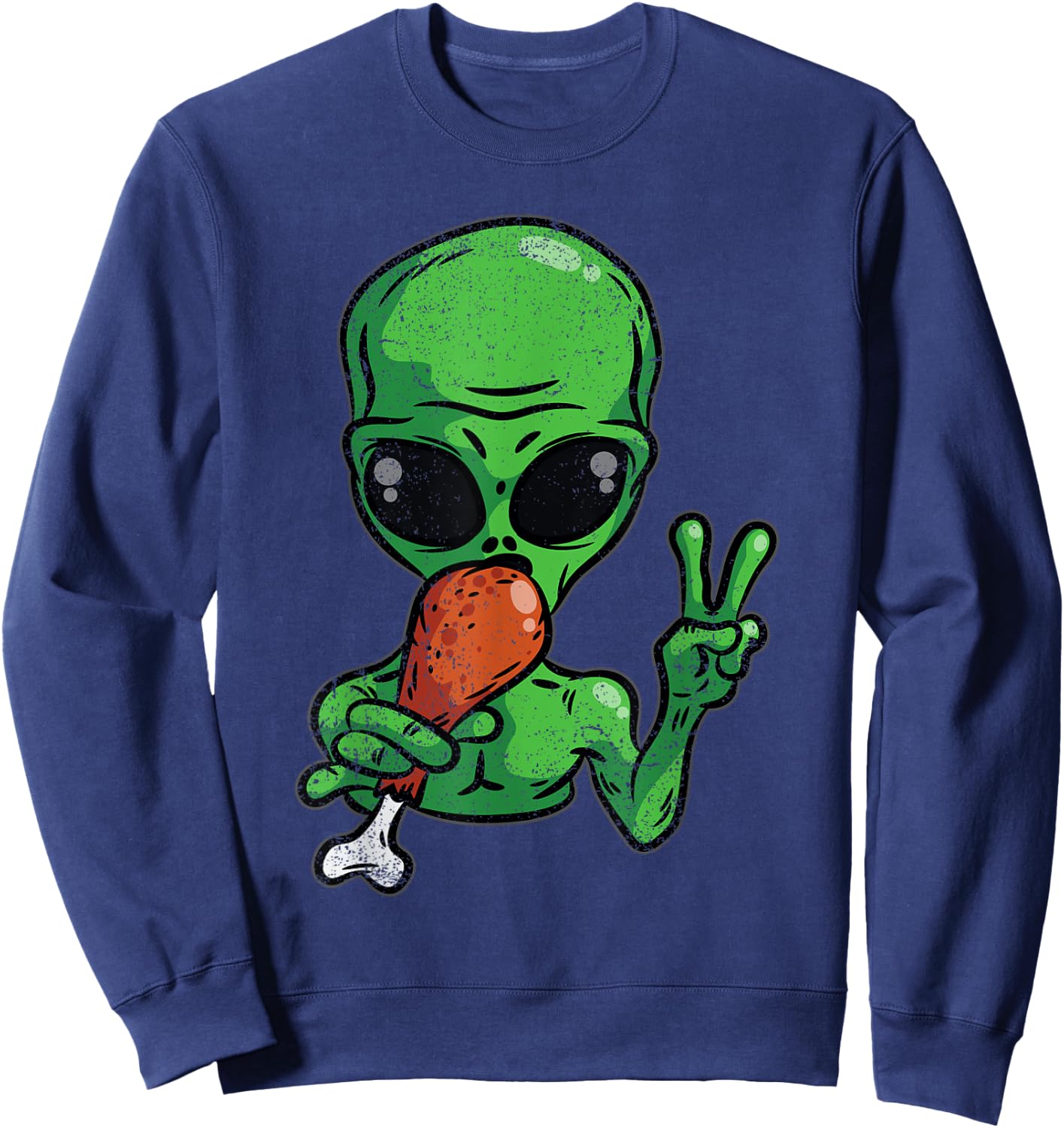 Alien Eating Turkey Thanksgiving Day Funny UFO Fall Autumn Sweatshirt - Sweatshirt | Navy