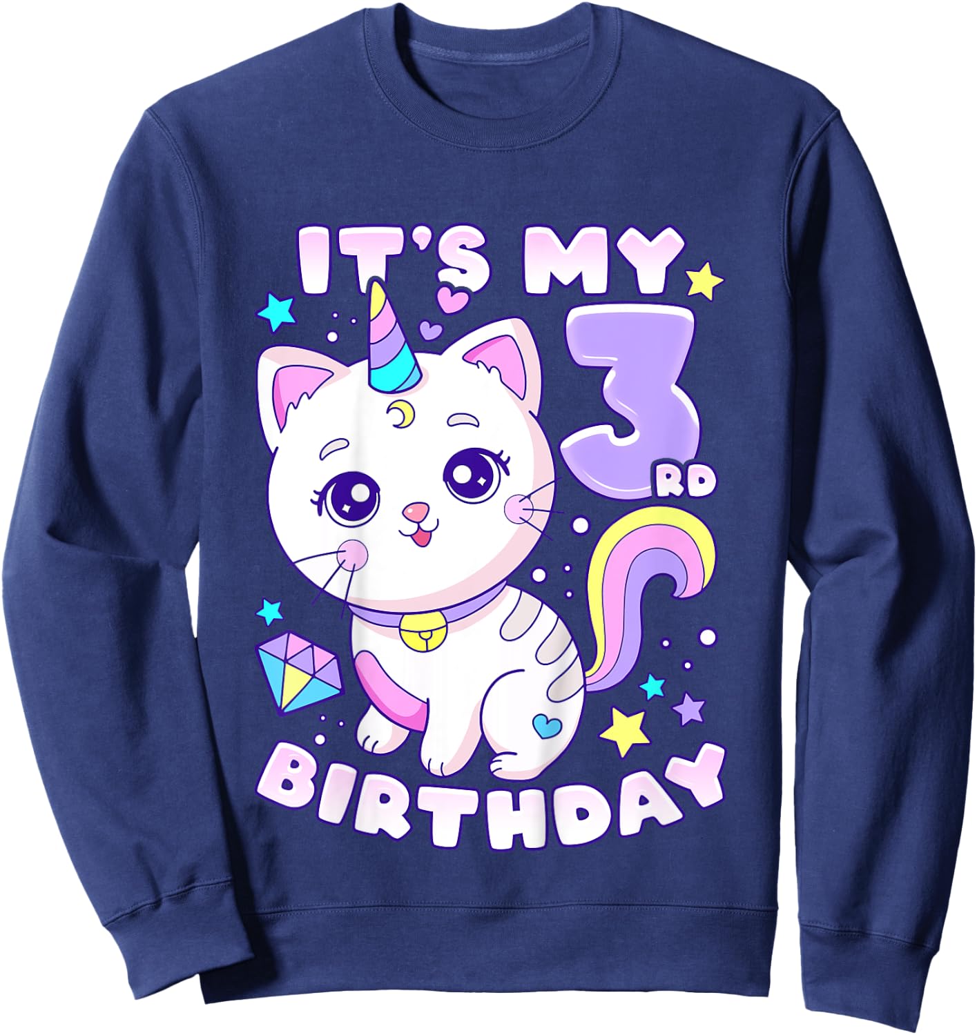 Birthday girl 3 years old, cat, unicorn, 3rd birthday Sweatshirt - Sweatshirt | Navy
