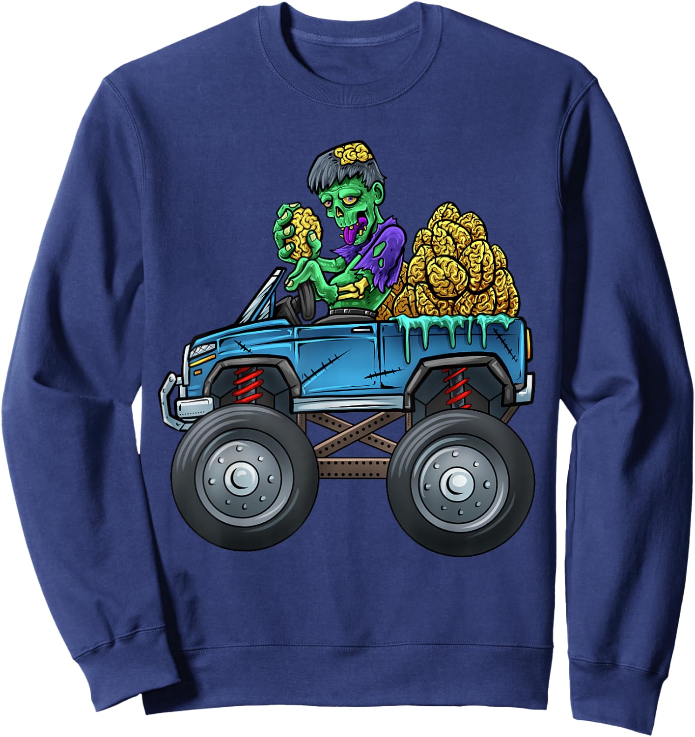 Monster Truck Driving Zombie Eating Brains Halloween Truck Sweatshirt - Sweatshirt | Navy