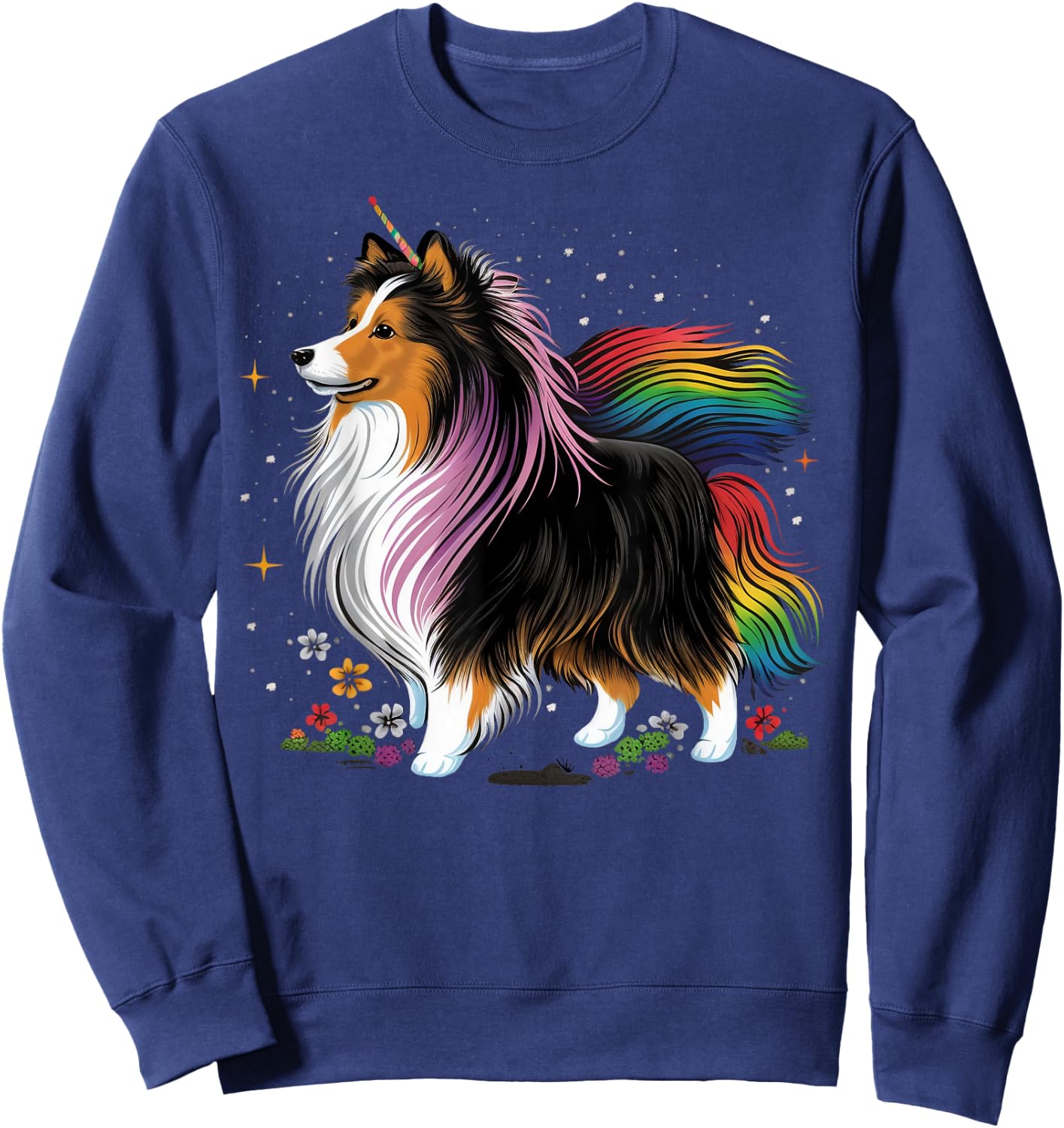 Sheltie Unicorn on Rainbow Unicorn Shetland Sheepdog Sweatshirt - Sweatshirt | Navy