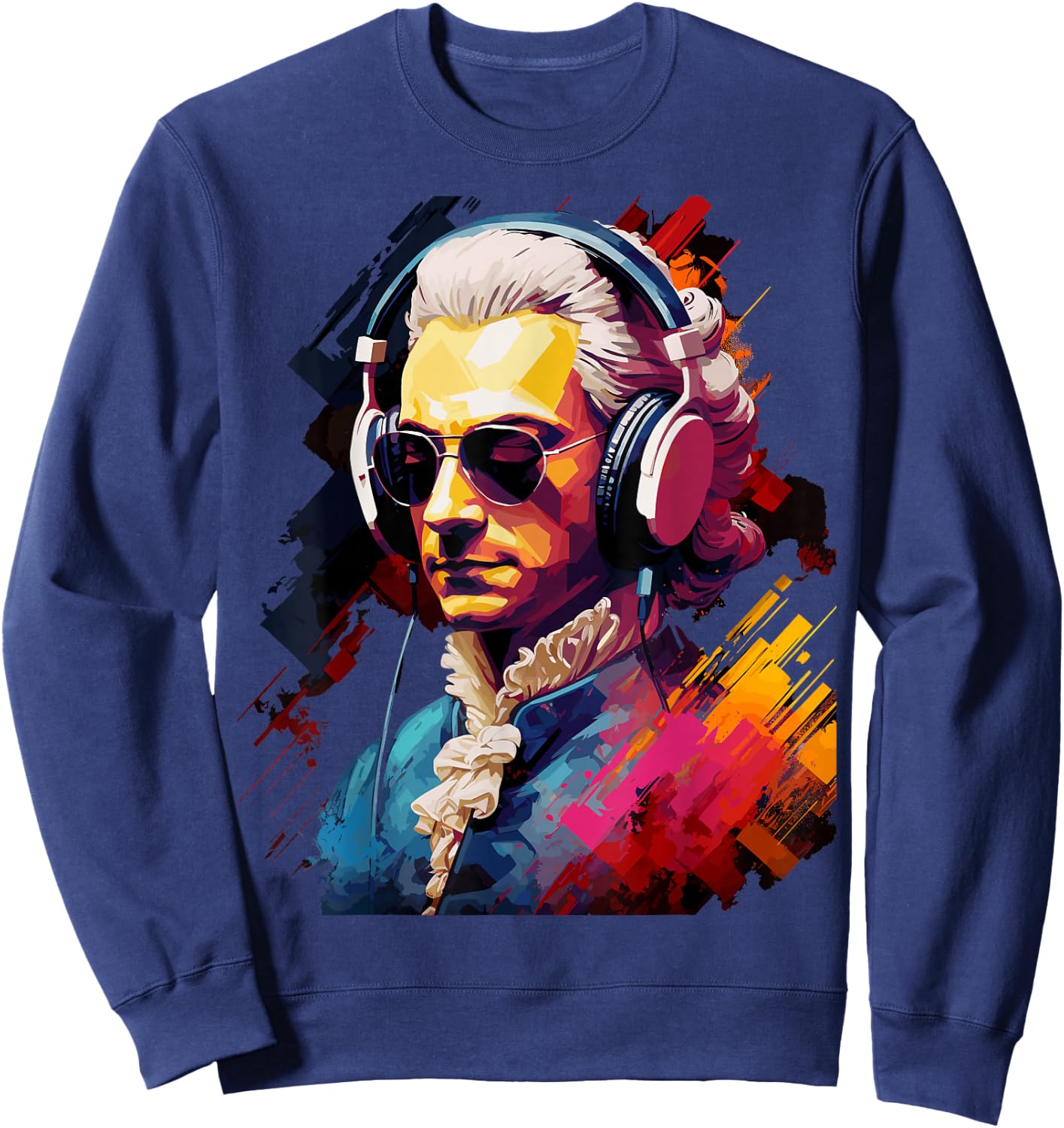 Colorful Mozart With Headphones - Classic Music Themed Sweatshirt - Sweatshirt | Navy