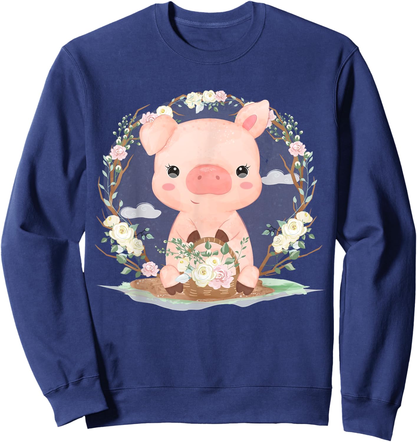 Adorable Little Pig With Flowers Sweatshirt - Sweatshirt | Navy