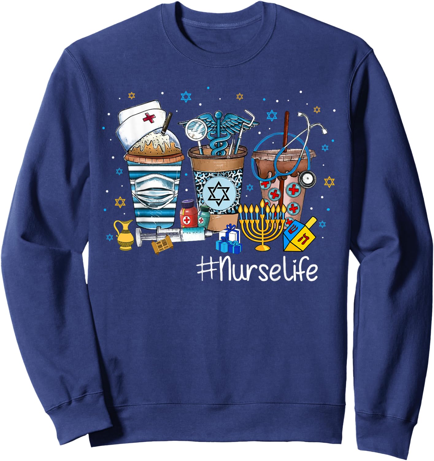 Happy Hanukkah Coffee Latte School Nurse Jewish Chanukah Sweatshirt - Sweatshirt | Navy
