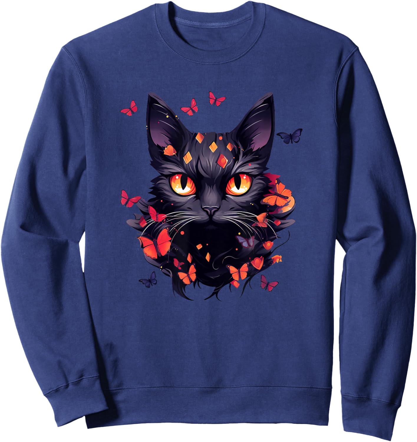 Black Cat with Butterflies Butterfly Cats Animal Sweatshirt - Sweatshirt | Navy
