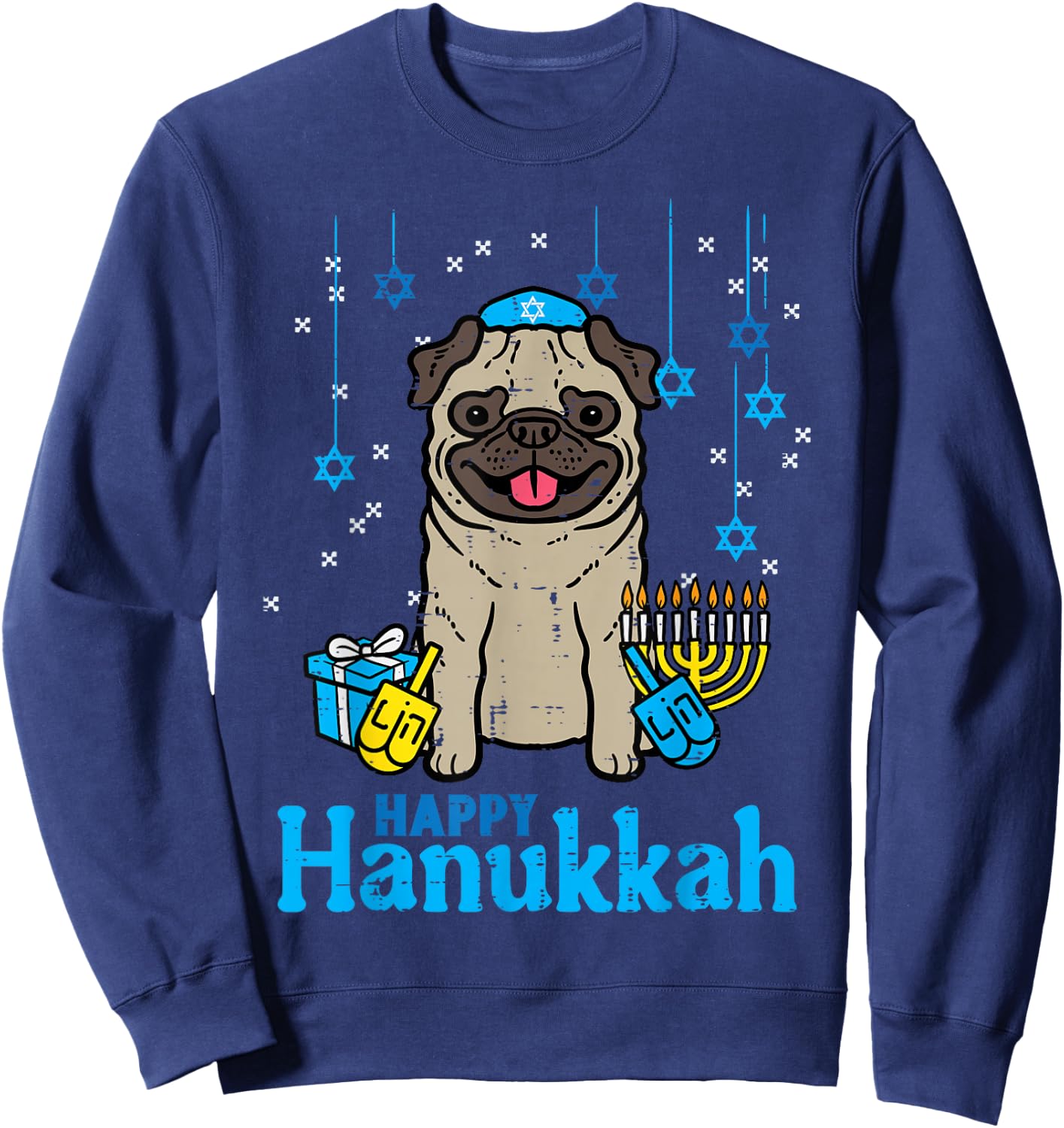 Happy Hanukkah Dog Pug Cute Chanukah Jewish Men Women Kids Sweatshirt - Sweatshirt | Navy